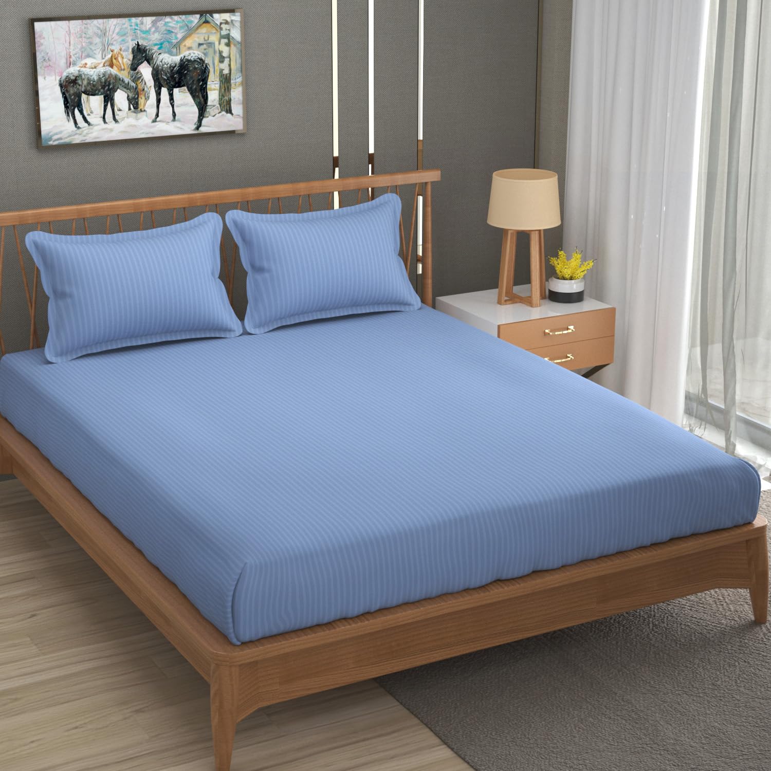 Homefab India 160 TC Stripe Cotton Feel Glace Cotton Elastic Fitted King Size Double Bed Bedsheet with 2 Pillow Covers Fits Upto 6 inches Mattress, Size-72X78 inches, Sky Blue discount deal