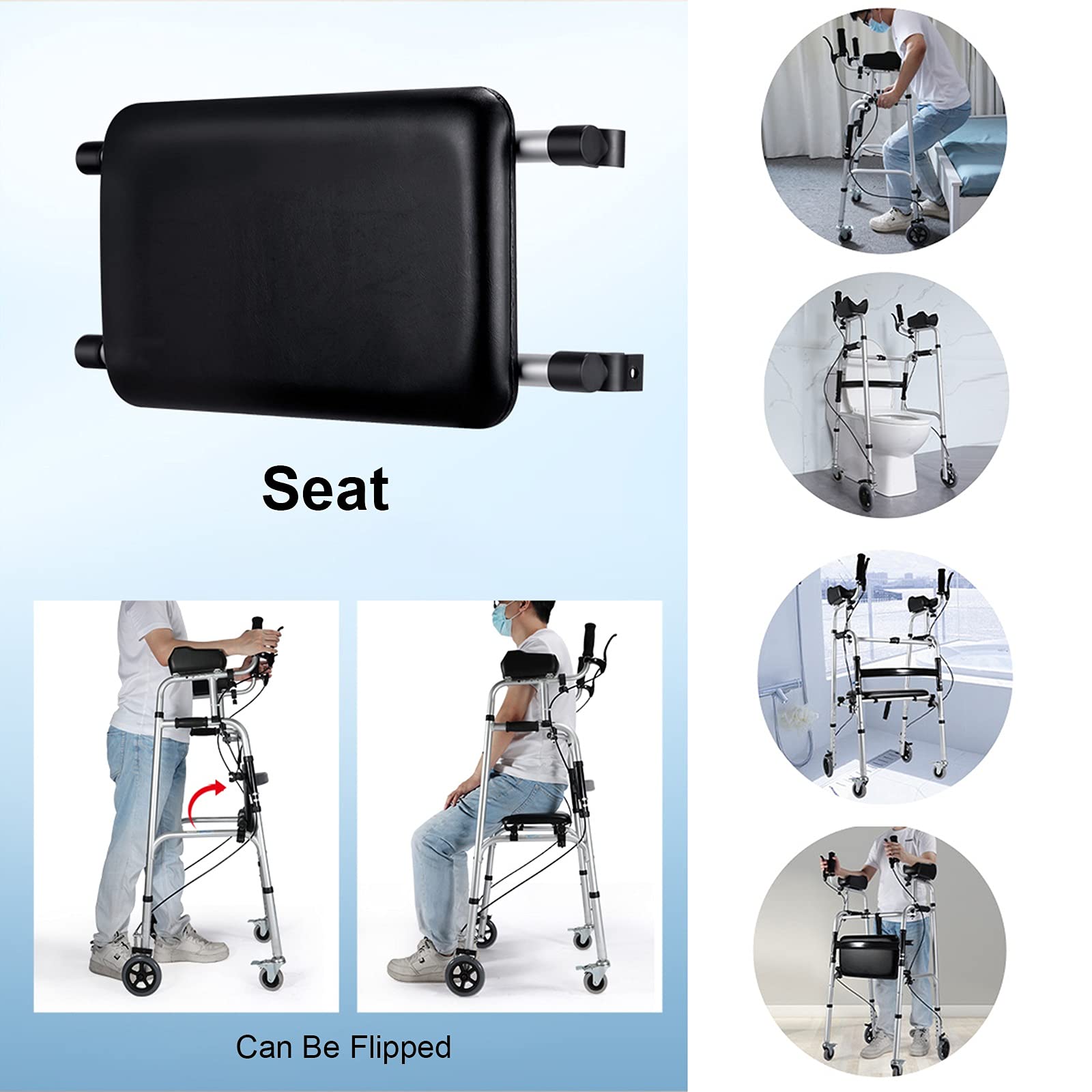 LXLA Gehhilfe für Senioren Senioren Aufrechter Walker Mit Handbremse&Armstütze,1-Knopf-Kompakt-Klapprollator,Leicht Verstellbare Höhe Mobilitätshilfe (Color : with seat)