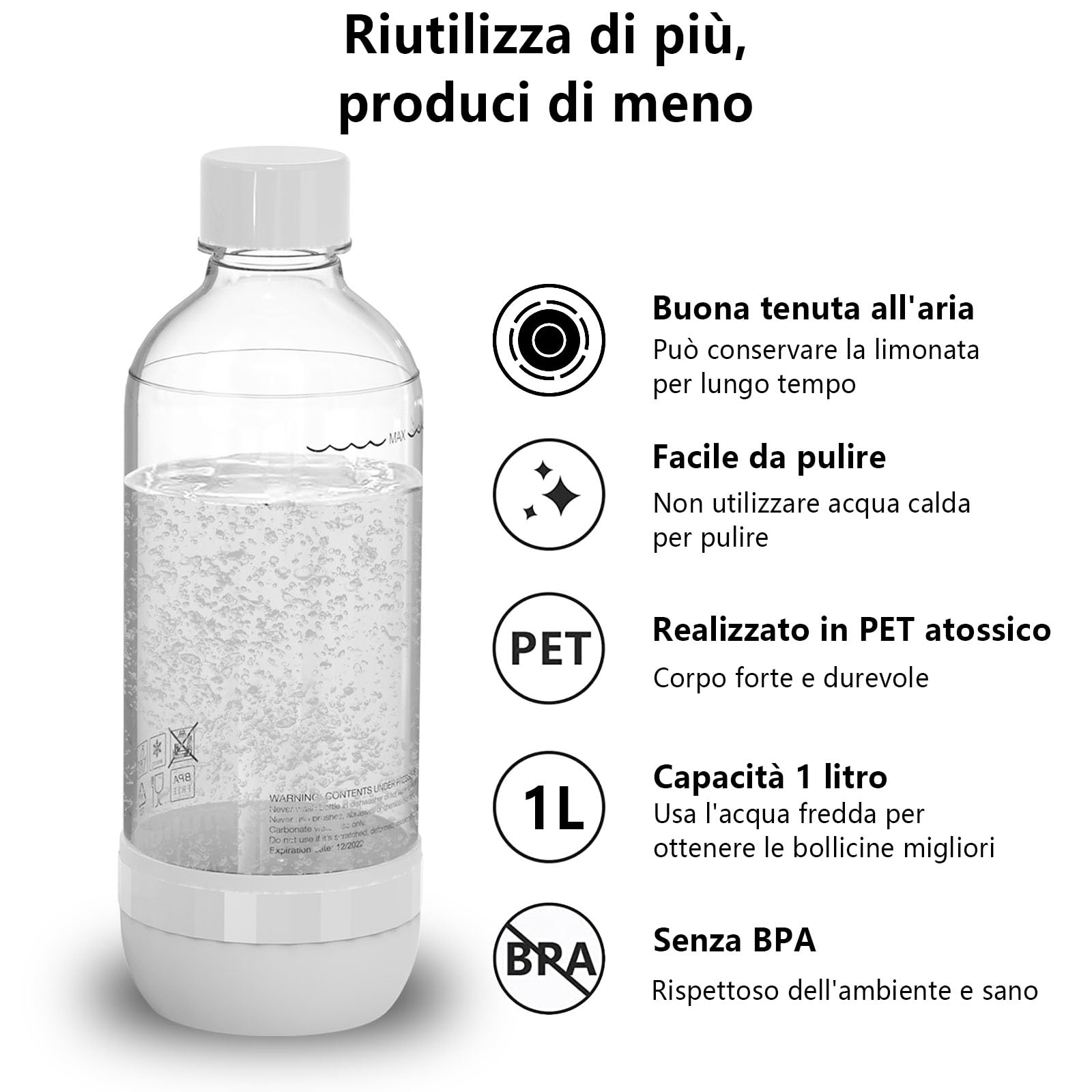 Bottiglia per soda, adatta per acqua gassata e acqua frizzante, senza BPA, riutilizzabile e riempita in plastica PET per uso alimentare (confezione da 2, 1 litro), Z-1B1L