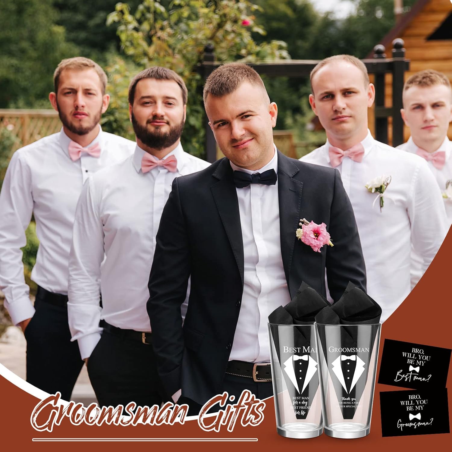 Nuanchu Set of 7 Groomsman Proposal Gifts Best Man Gift Beer Glass Set with Tuxedo Glasses Will You Be My Groomsman Cards Tissue Paper for Bachelor Party(16 oz,Pin Glasses)
