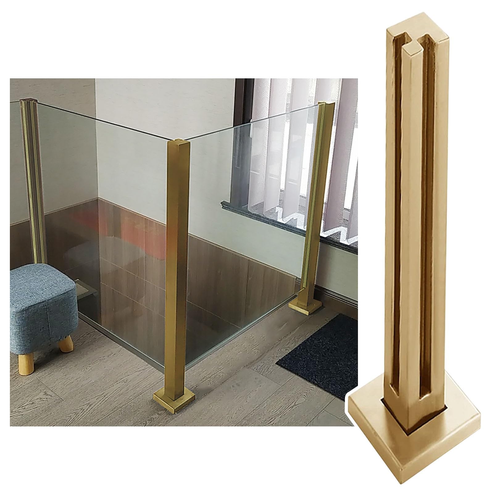 Gyeqxkt Gold-Corner Post Modern Gold Glass Balustrade Handrail Kit With Square Glass Panels For Outdoor Balcony Stair Deck Guardrail Fence