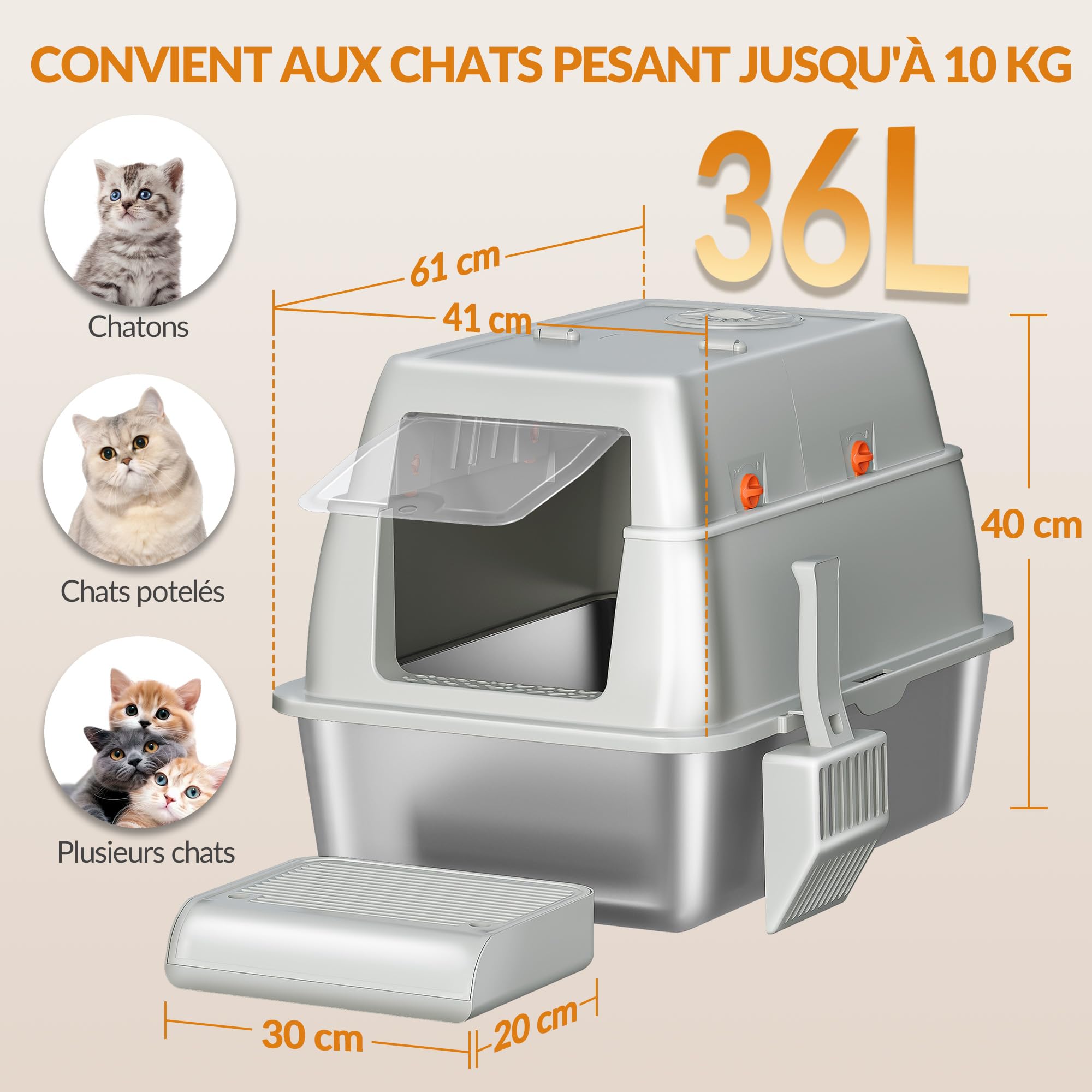 Bac à Litière en Acier Inoxydable avec Couvercle, XXL Bac à Litière Fermé,Couvercle à Charnière à 180°, Pédale et Pelle Incluses, Facile à Nettoyer, Amovible, 61 x 41 x 40 cm, Gris Clair