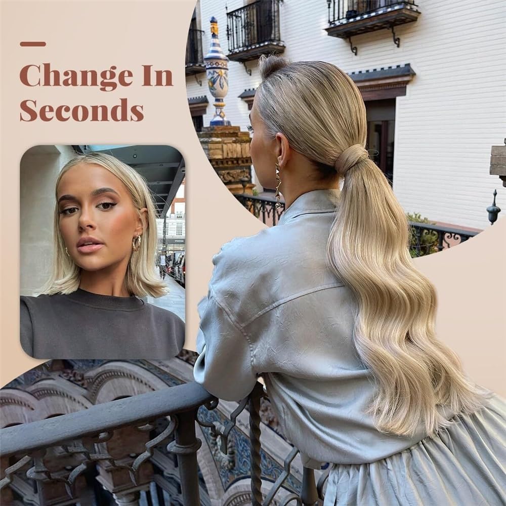 Extensión de cola de caballo, Extensión de cola de caballo con cordón y clip for mujer - Postizo liso de rubio castaño dorado(22inch)