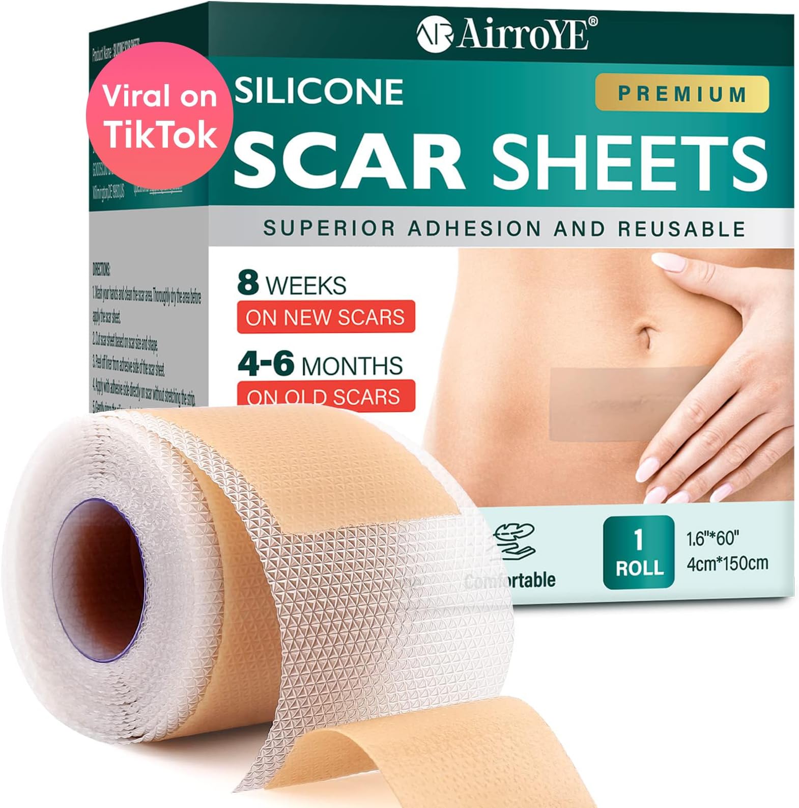 AirroYE Silicone Scar Sheets,Silicone Scar Tape(1.6"x 60" Roll-1.5M), Reusable And Effective Scar Removal Sheets, Silicone Scar Removal Sheets For Surgical Scars,Healing Keloid, C-Section, Tummy Tuck