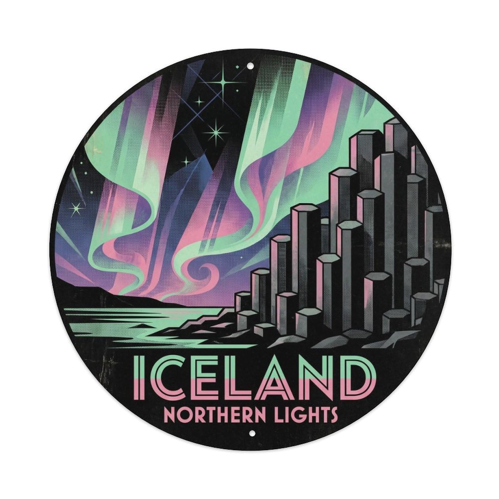 Northern Lights Basalt Columns Iceland Waterfall Travel Metal Tin Sign