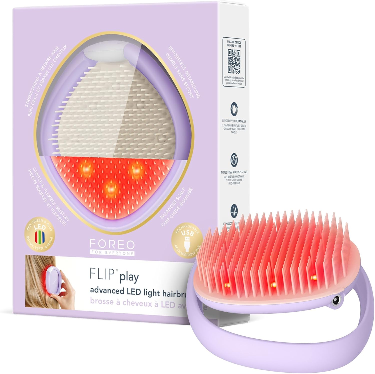 FOREO FLIP Play Advanced LED Saç Fırçası – Kırmızı, Mavi ve Yeşil ışık modlarına sahip 3’ü 1 arada bakım aracı, sağlıklı görünen saç ve saç derisini destekler - I Lilac You!