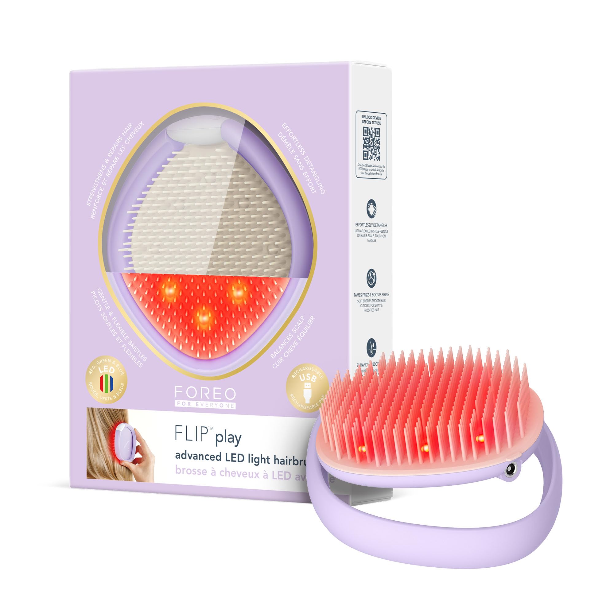FOREO FLIP Play Advanced LED Light Hairbrush - Multi-Functional 3-in-1 Hair & Scalp Tool with Red, Blue & Green Light Modes – Designed to Support Scalp and Hair Appearance - I Lilac You!