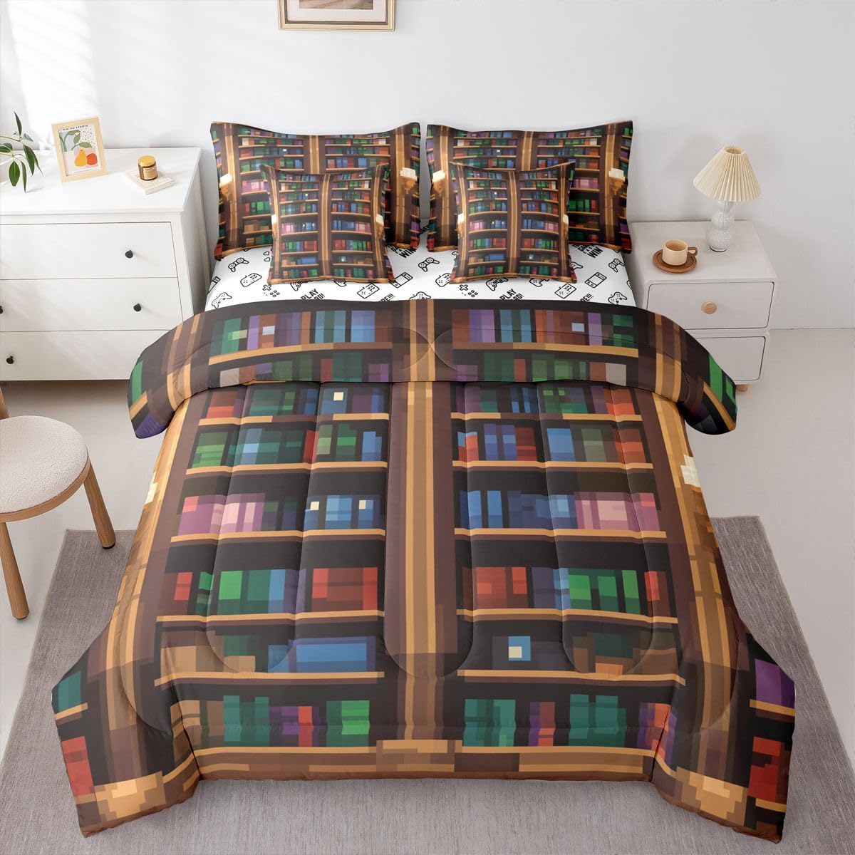 Manfei Pixelated Bookshelf 7pcs Comforter Set Twin Size,Bookcase Pixel Art Bedding Set for All Season Bed Set,Miner Video Games Bed in A Bag with Sheets, Kids Boys Girls Room Decor
