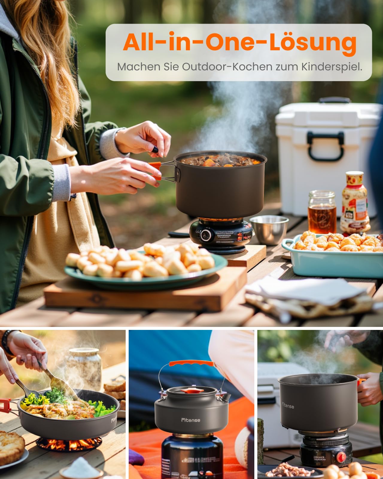 Fitense 21 teiliges Camping Kochgeschirr Set Outdoor Geschirr Set, Faltbare Camping Töpfe für 1–2 Personen, tragbares Camping-Zubehör für Rucksackreisen, Camping, Outdoor Kochen, Wandern und Picknick