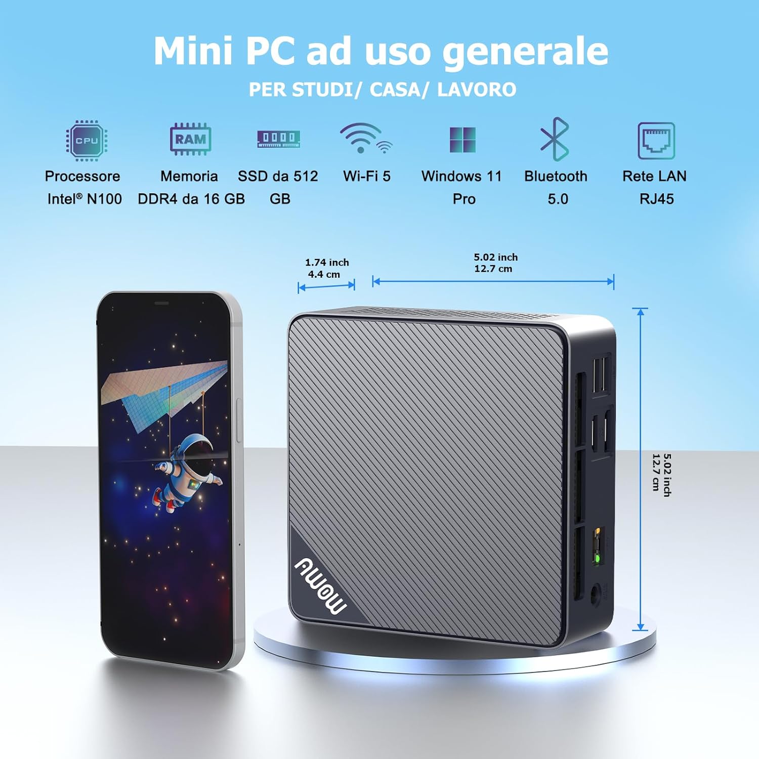 AWOW Mini PC next to a smartphone for size comparison.