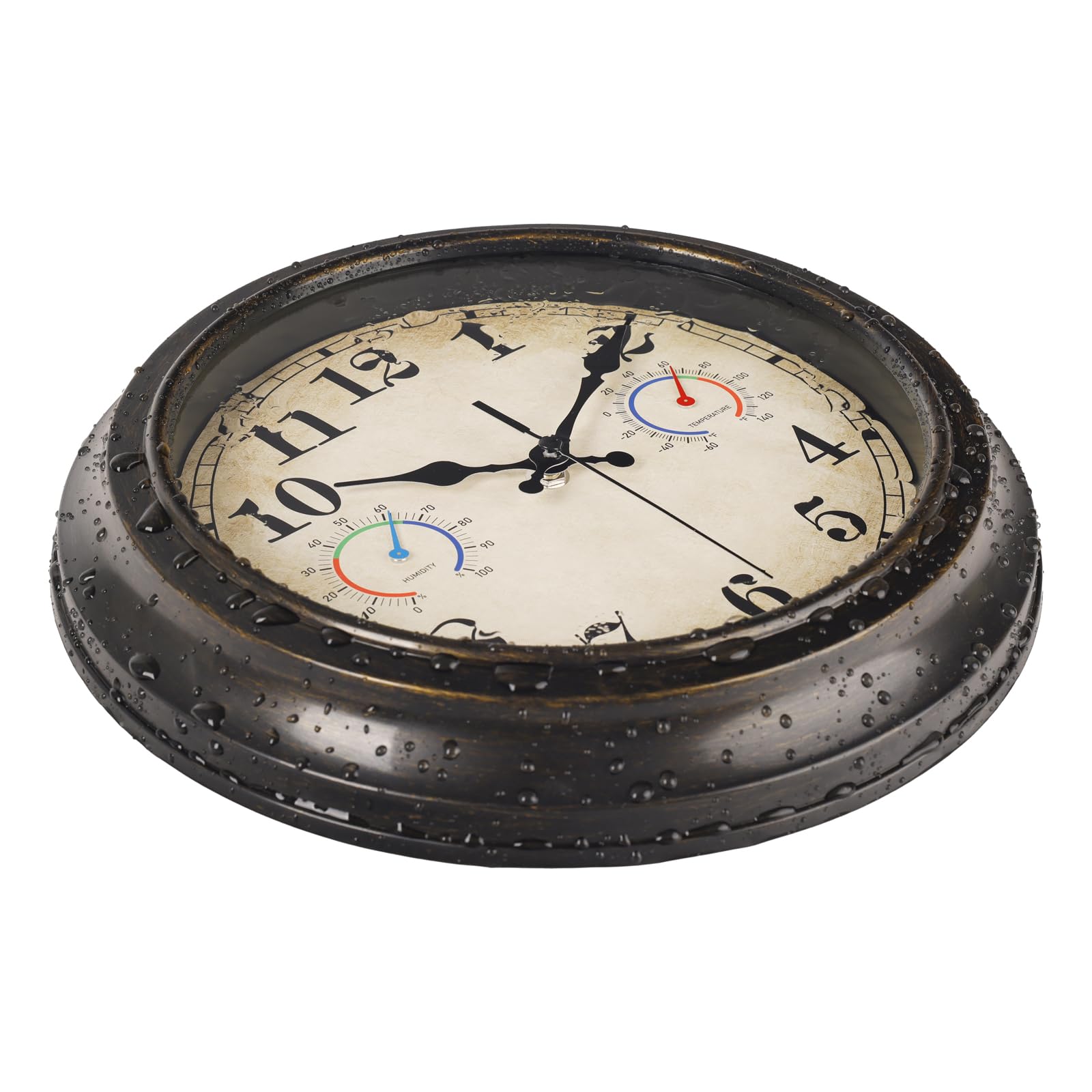Horloge d'extérieur de 30,5 cm avec thermomètre et hygromètre, horloges murales étanches pour intérieur et extérieur pour terrasse, piscine, décoration de jardin - Bronze rétro