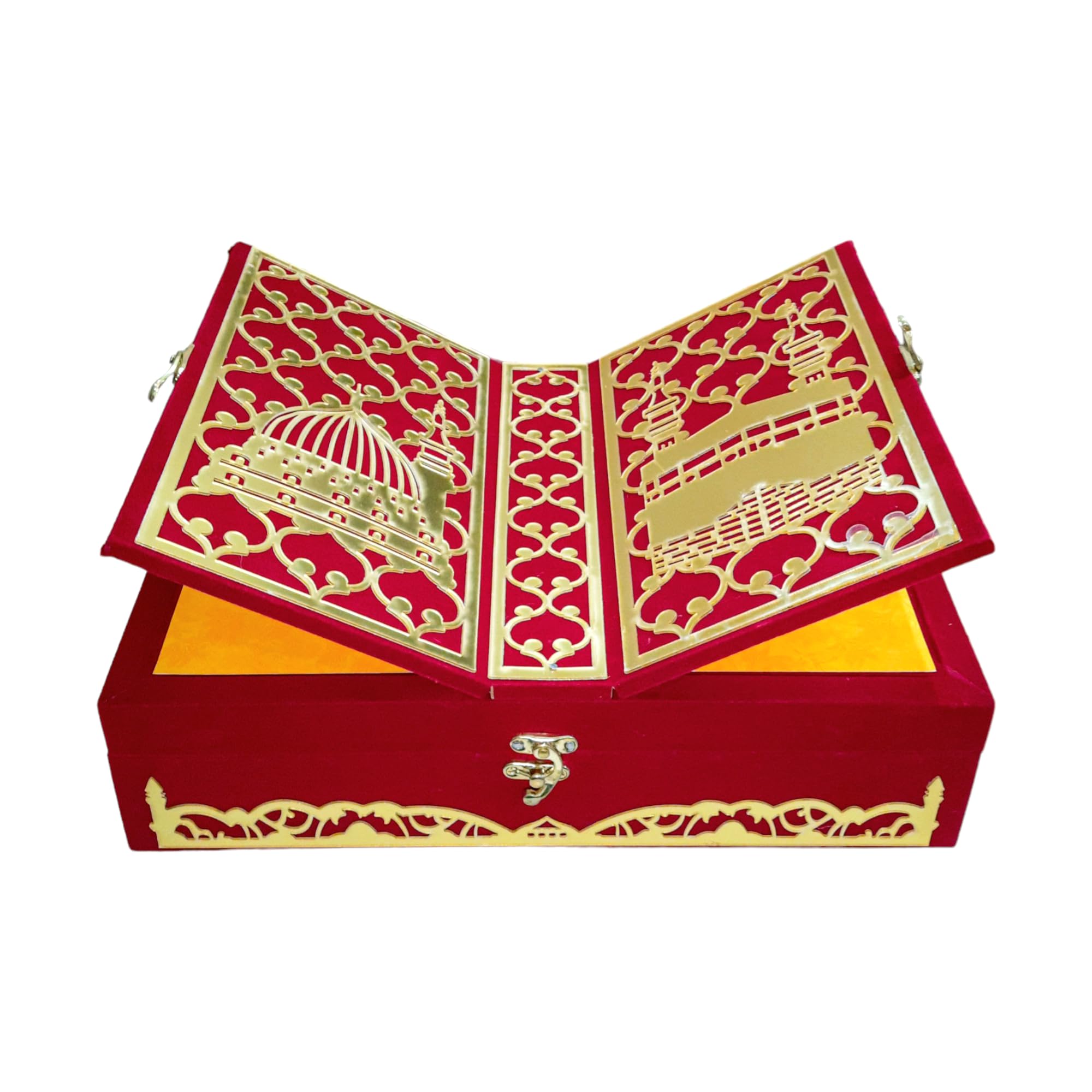 Velvet Quran Box Attached With Rehal Stand (Empty box) Wooden, Marhoon Colour With Golden Work Book Rest Box.-image-26