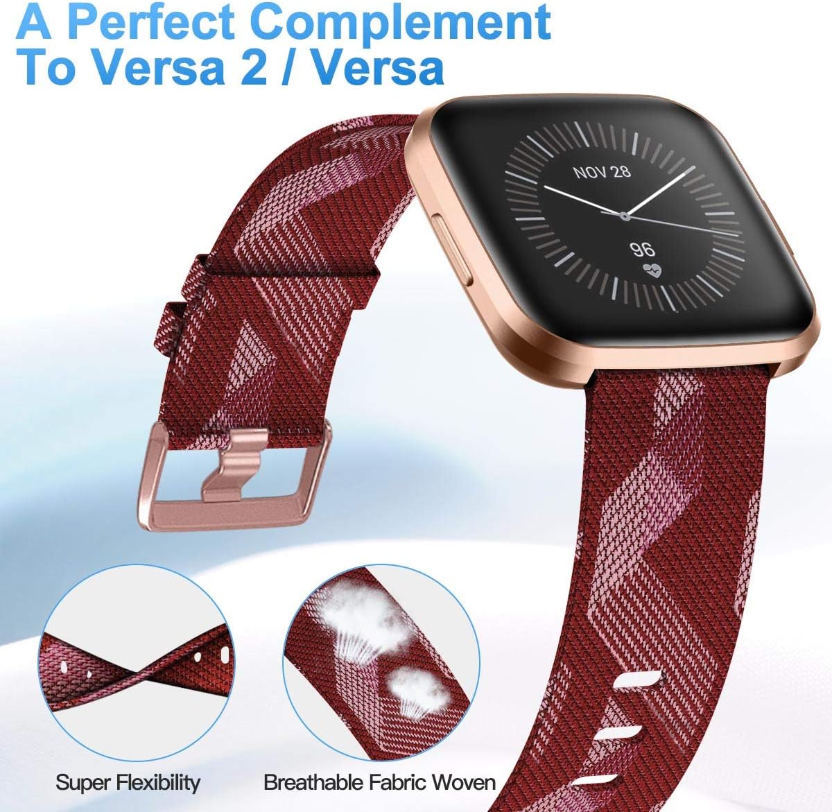 CAVN Woven Bands Compatible with Fitbit Versa 2 / Versa/Versa Lite, Fabric Bands for Women Men Breathable Replacement Strap Bracelet Wristband Band (Small (5.5"-7.5"), Maroon&White)