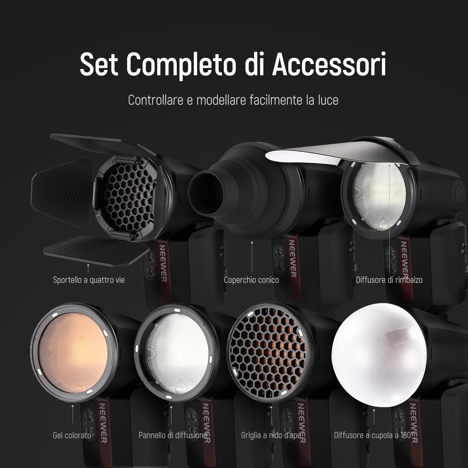 NEEWER CRM2 Kit Accessori Magnetici per Flash a Testa Rotonda, Set di Diffusore Modificatore di Luce Speedlite Compatibile con Godox V1 e V100, NEEWER Z3R-C/N/S, Z2-C/N/S/F, Z2Pro-C/N/S/F, Q120, Q200