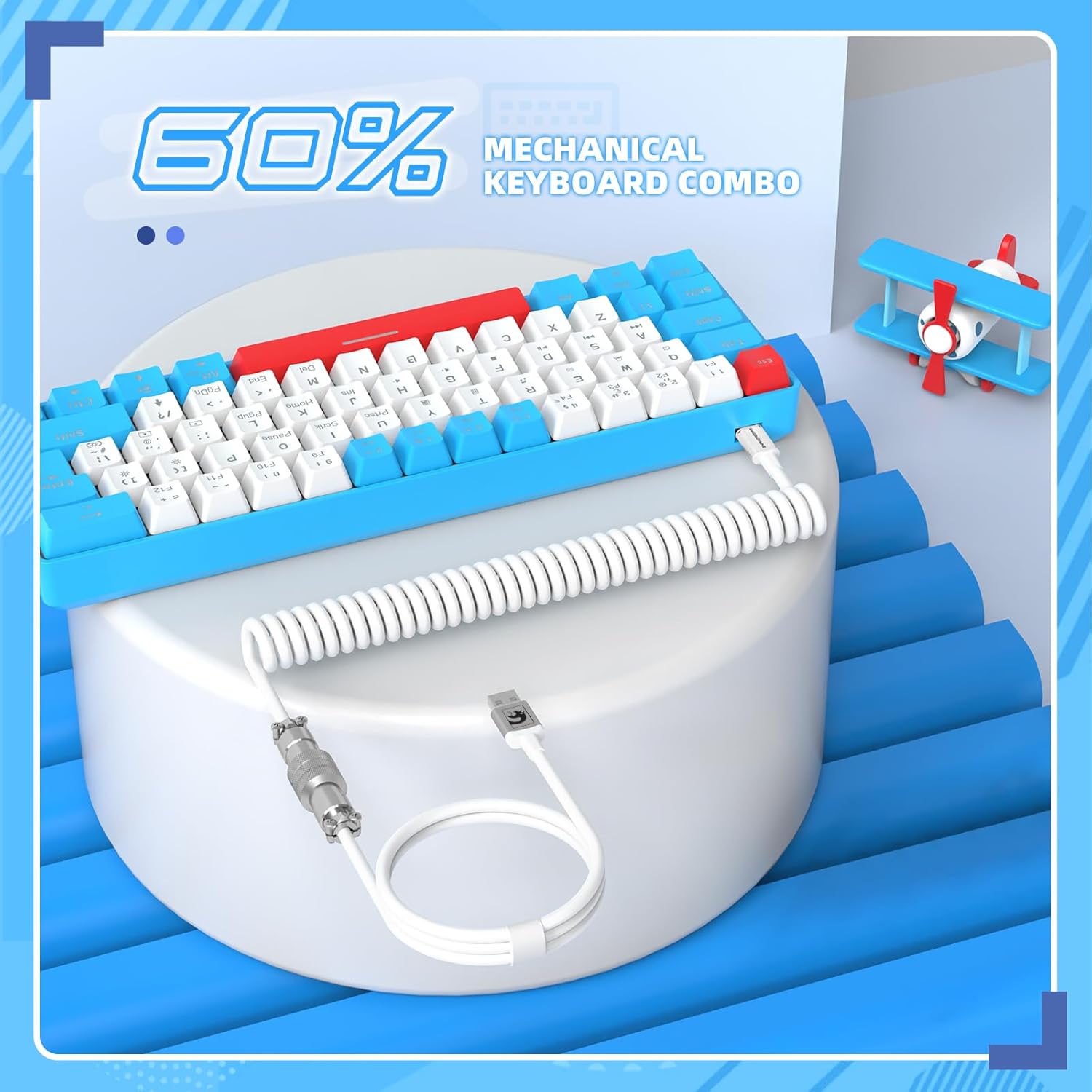 LexonElec T60PRO 60% Mechanical Keyboard and Mouse +Coiled USB C Cable, Compact RGB LED Backlit Keyboard, Linear Red Switch, 6400 DPI Programmable RGB Mouse for PC Mac Gamer(Blue&White)