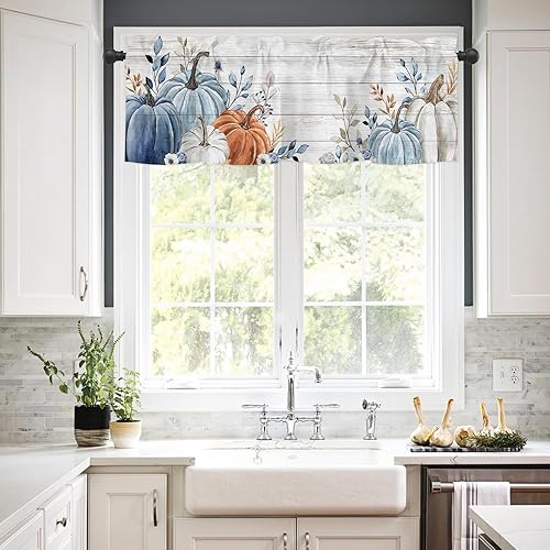 Miniatura 2 de Cenefa de otoño para ventanas, cenefas de calabaza azul, cenefa con bolsillo para barra, tratamiento de ventana, hojas de otoño, cortinas cortas de