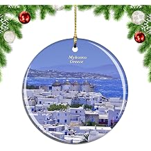 Greece Mykonos Christmas Xmas Tree Ornament Decoration Hanging Pendant Decor City Travel Souvenir Collection Double Sided Porcelain 2.85 Inch