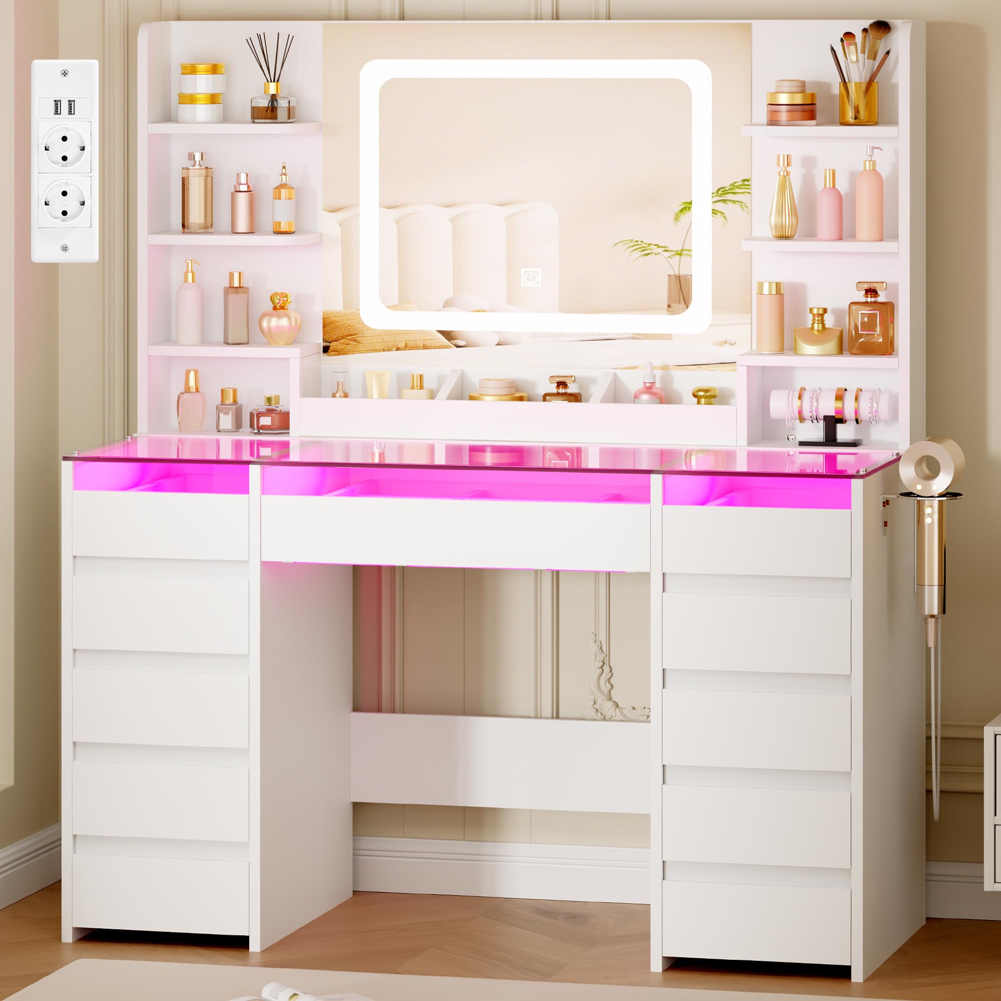 BEWISHOME Coiffeuse avec Miroir LED et Éclairage RGB, Coiffeuse avec Plateau en Verre, 11 tiroirs RGB, 6 Étagères, Table de Maquillage avec Pris, Grande Coiffeuse Moderne pour Chambre, Blanc EFST57W