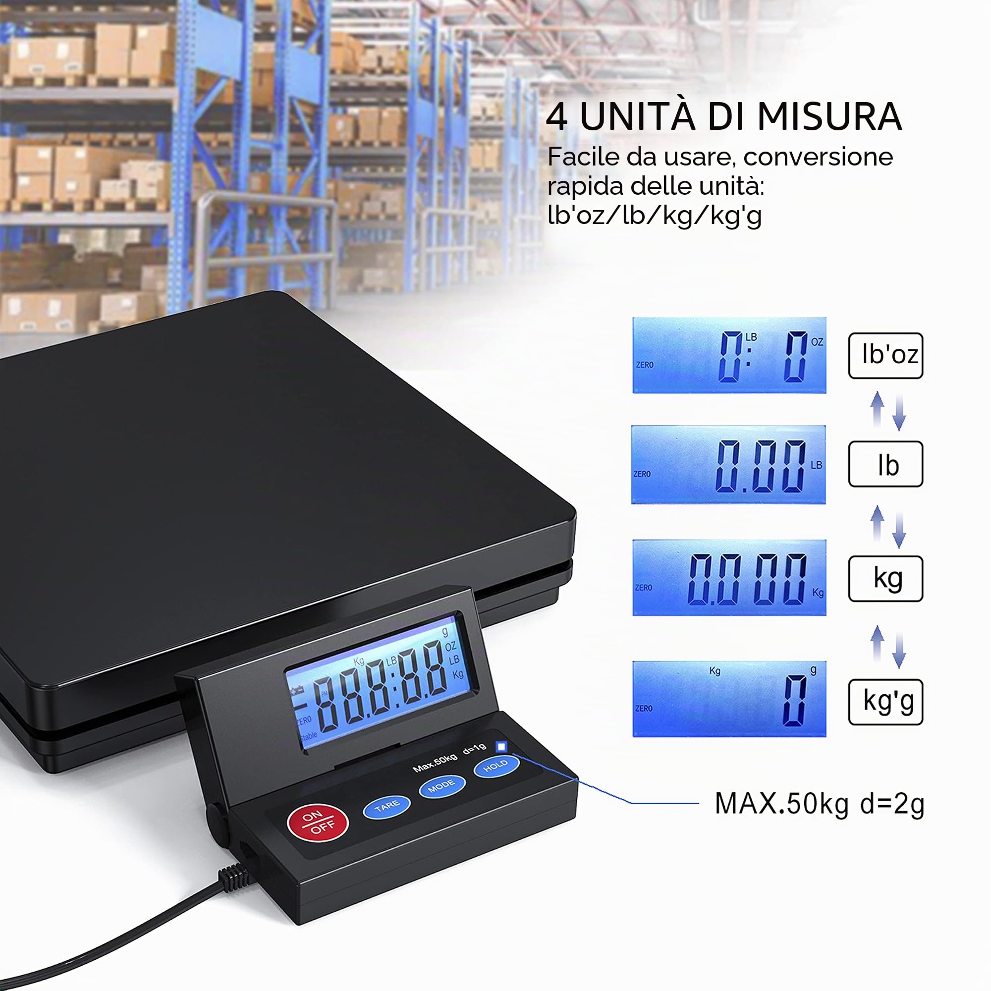 Nilpferd Bilancia postale fino a 50 kg, D = 2 g, con display LCD a parete, cavo di alimentazione o batterie (incluse) (nero1)