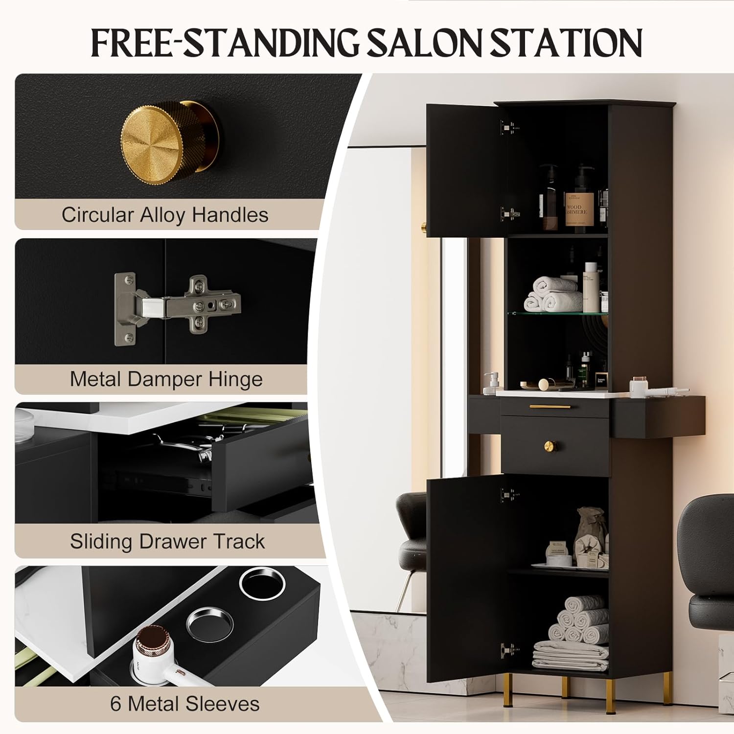 Paddie Barber Station Hair Salon Station, Salon Stations for Hair Stylist, Beauty Salon Spa Equipment w/Glass Shelf, 2 Storage Cabinet & Drawers, 6 Hair Dryer Holders for Hair Styling（Black）