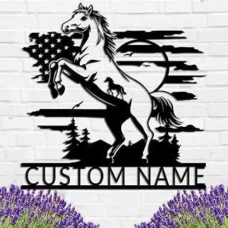 Riaeelvs Personalized Metal Horse Farm Wall Art Custom Last Name Sign for Ranch Gate Customized Outdoor Metal Horseshoe Signs Black Horse Wall Decor Unique Housewarming Gifts