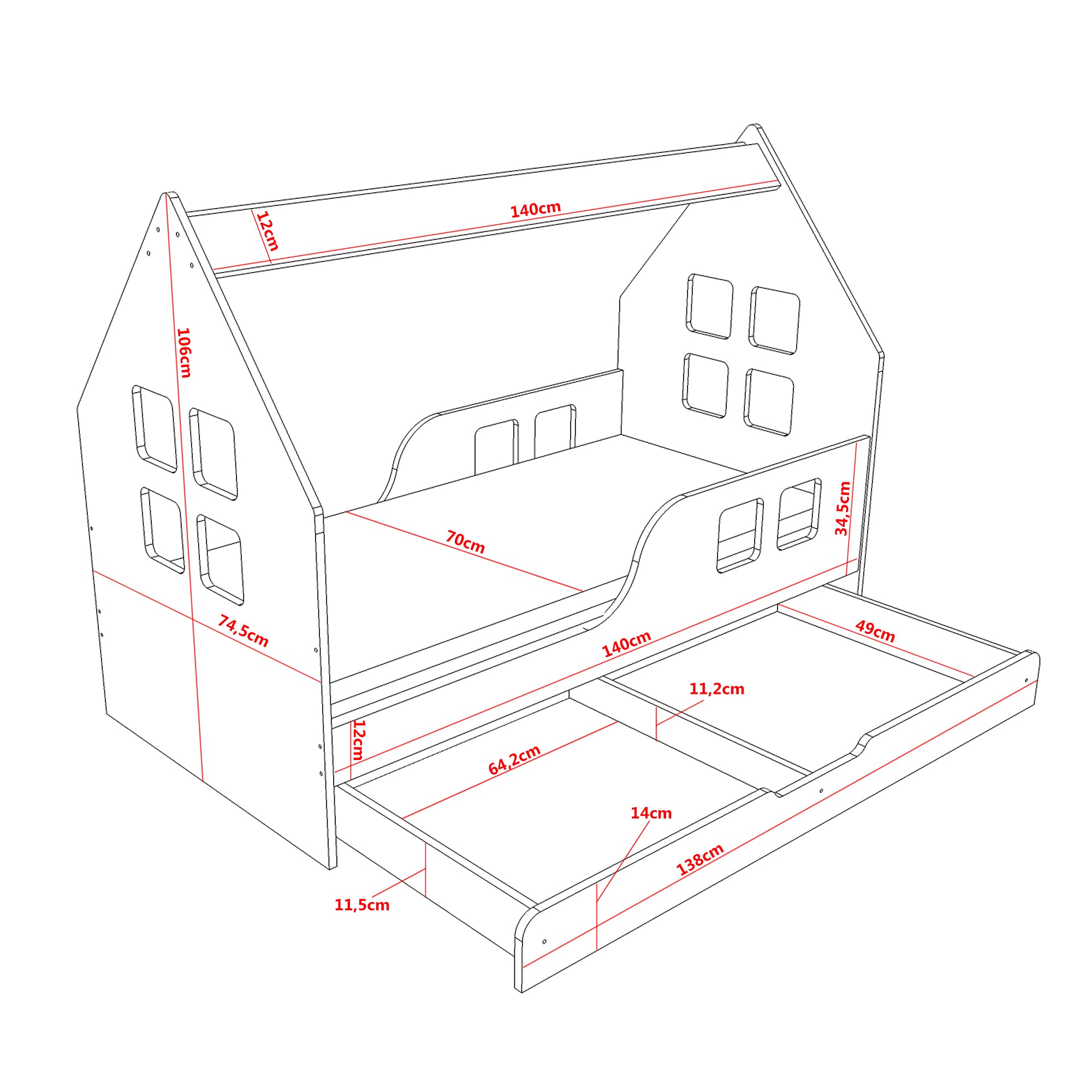 BDW Cama infantil con cajón 140 x 70 cm, diseño moderno con bordes seguros