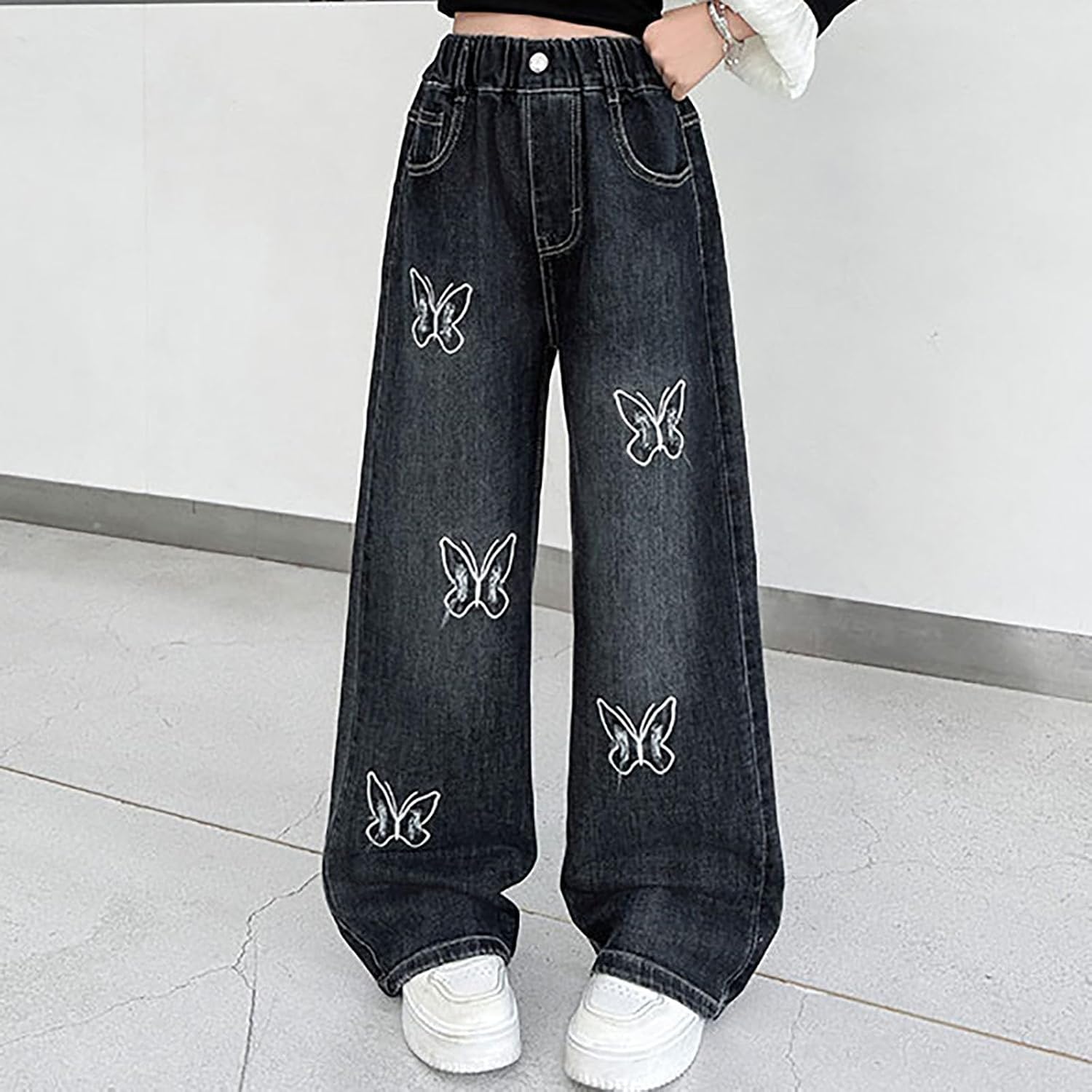 Teen Girls Baggy Jeans Cute Bow Wide Leg Trendy Y2k Elastic High Waist Denim Pants Spring Casual School Preppy Trousers