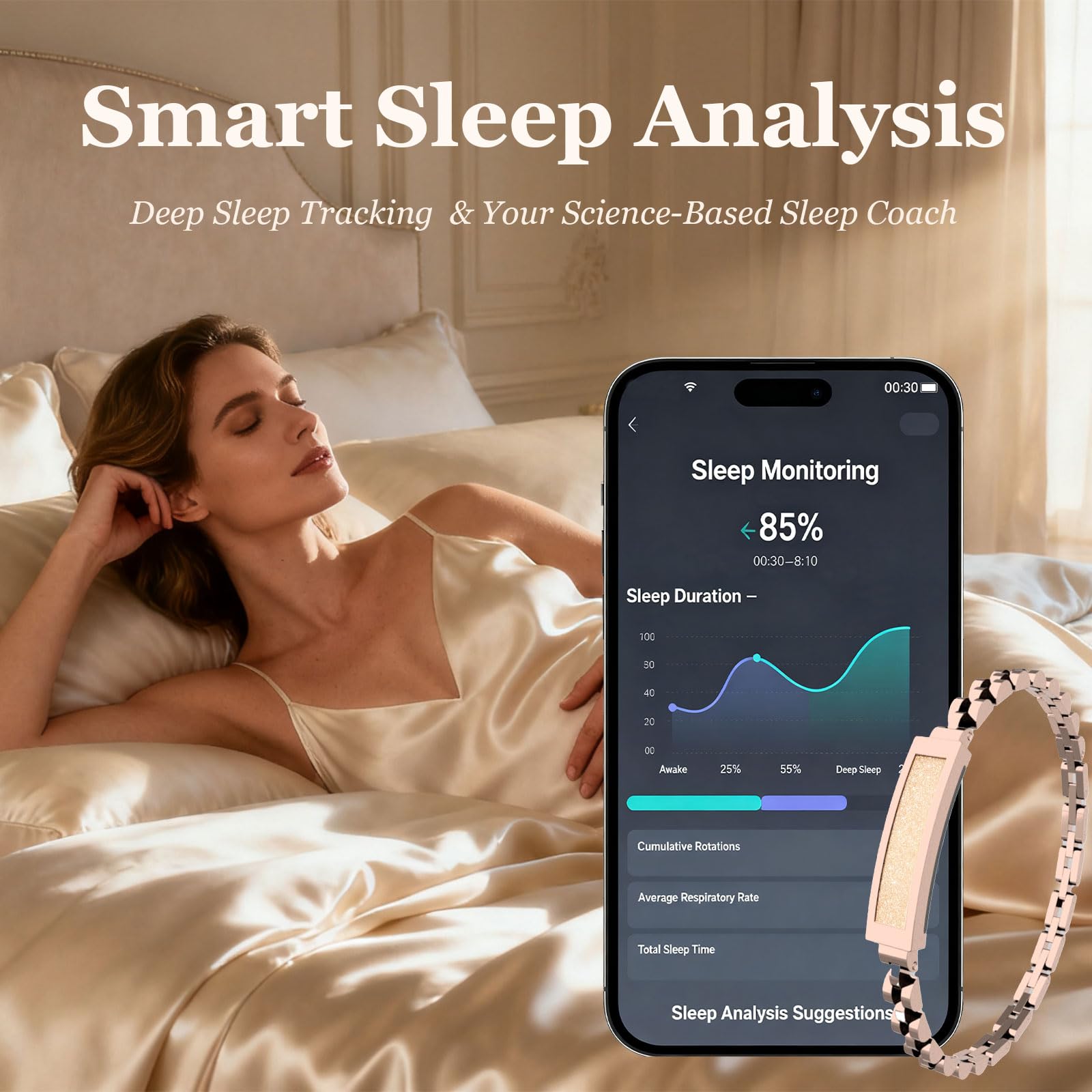 findtime Aktivitätstracker Fitness Tracker Damen Smart Bracelet Smartband Wasserdicht Schrittzähler Schlaftracker Kalorienzähler Schmal Schmuck Edelstahl Armreif für iOS Android Gold Rosegold