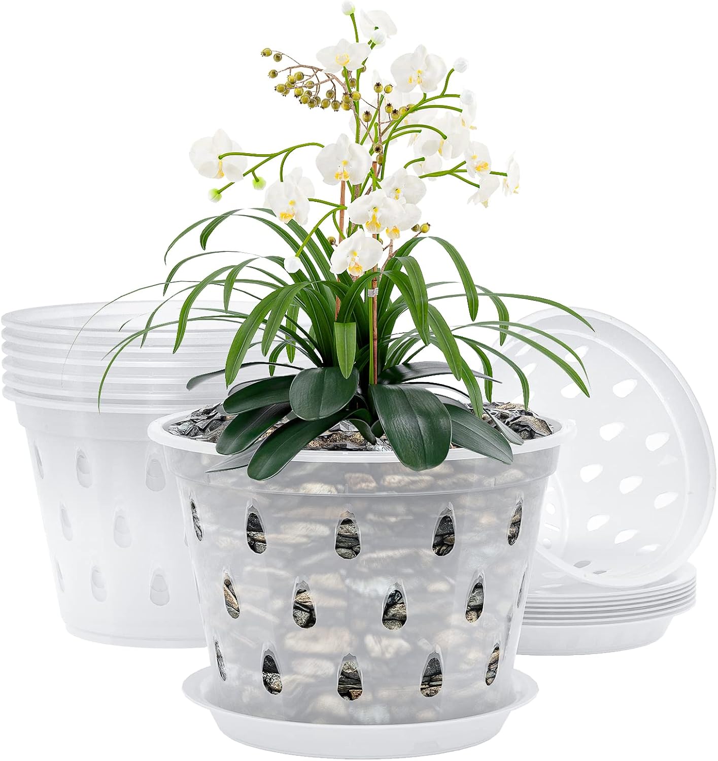 AAHGGBA Orchid Pot, 7 Inch 8 Pack Orchid Pots with Drainage Holes and Saucers Clear Plastic Orchid Pots Provide Good Air Circulation Garden Planters Pots for Indoor and Outdoor Use