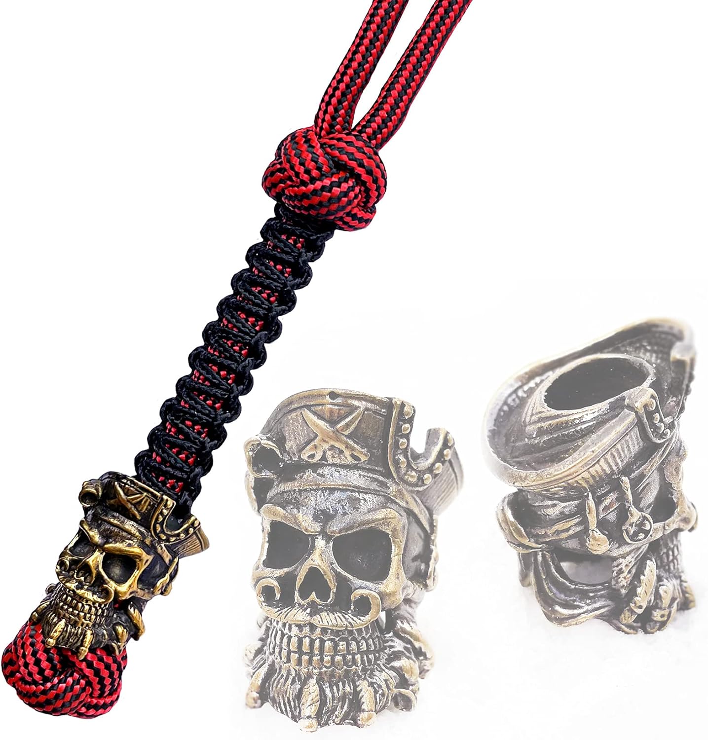 CooB EDC Paracord Knife Lanyard with Solid Metal Paracord Bead Charm Pirate Blackbeard Skull. Keychain Lanyards for Knives
