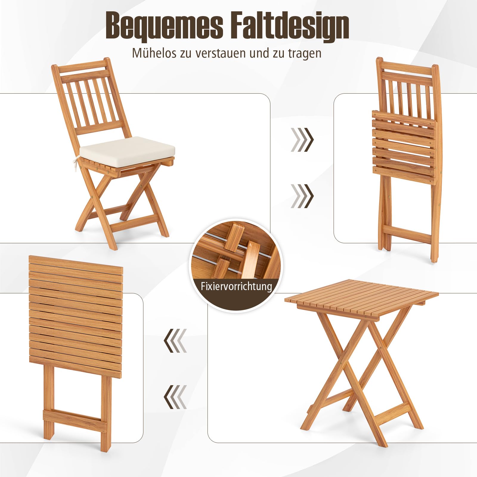 COSTWAY 3tlg. Balkonmöbel Set, Bistrotisch mit 2 Stühlen, klappbares Balkonset aus Akazienholz mit 2 Kissen, Bistroset, Gartengarnitur, Gartenmöbel, Sitzgruppe für Balkon, Garten (Vertikal)