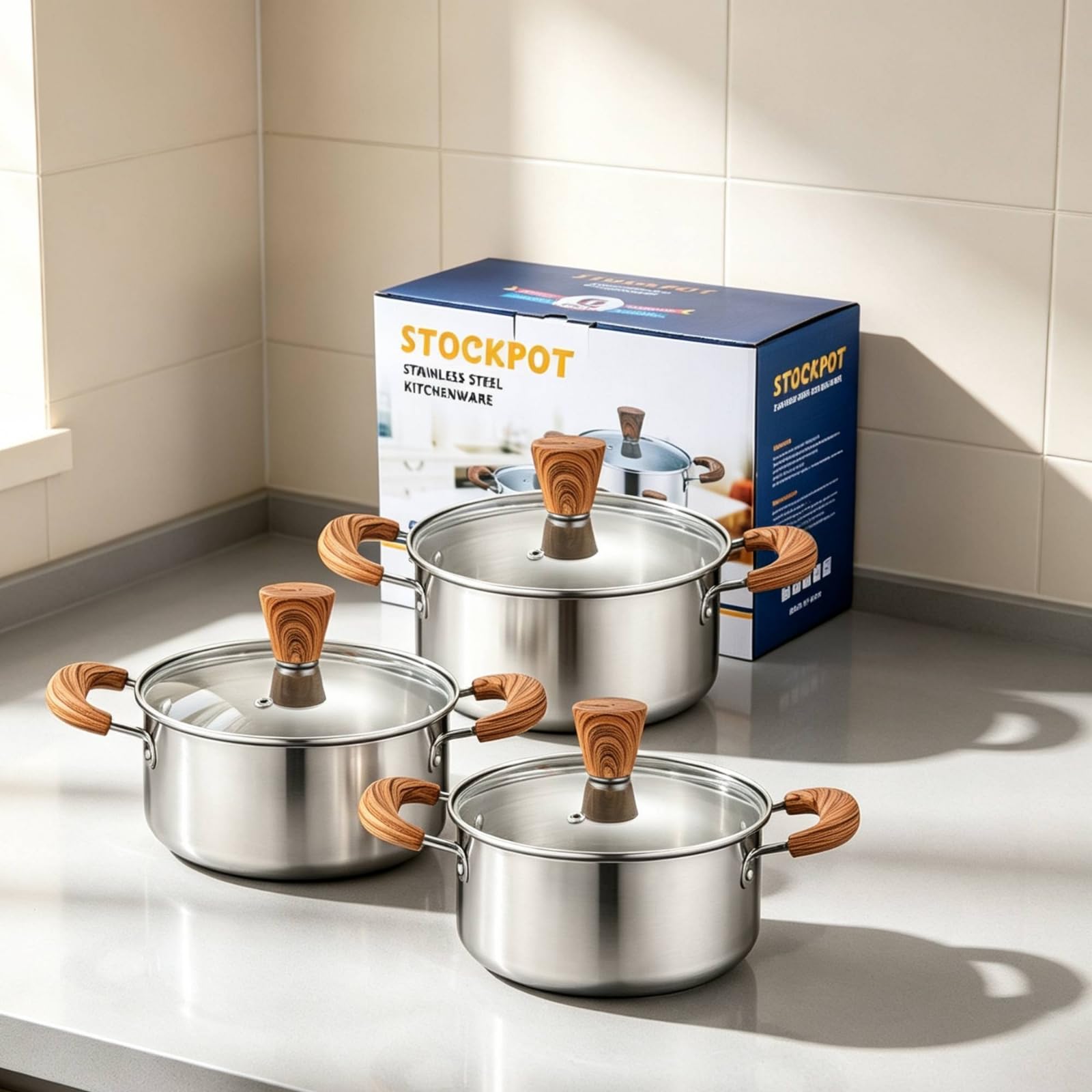 Set Casseroles avec Couvercles Compatible Induction Équipement Culinaire Cuisine tous Fe Équipement Culinaire Cuisine En Acier Inoxydable, Poignée Argentée, 16-18-20CM