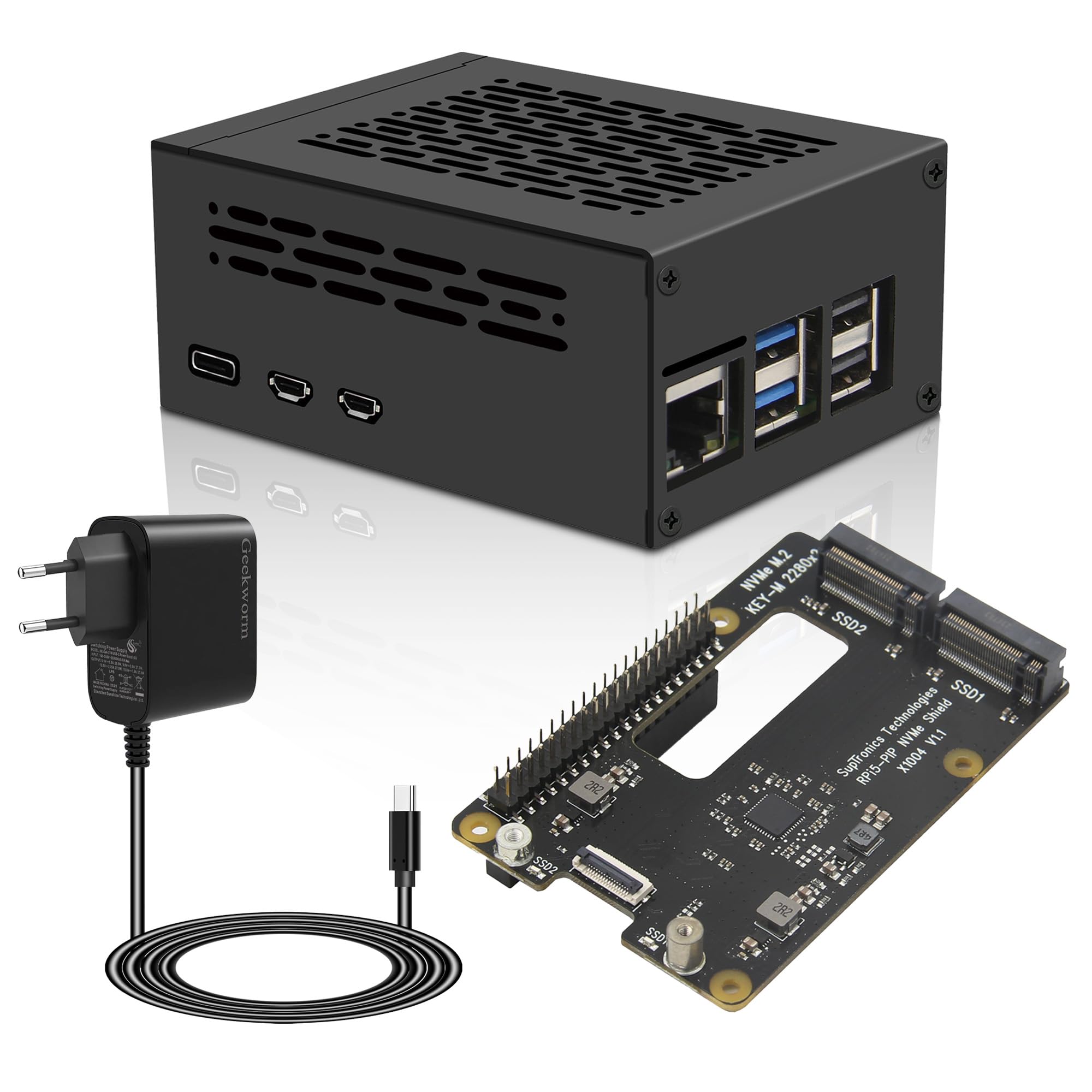 Geekworm X1004 PCIe to Dual M2 NVMe SSD 2280 Shield with Case & Power Adapter for Raspberry Pi 5