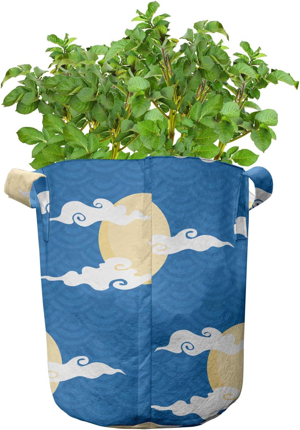 Ambesonne Chinese Grow Bags 5-Pack, Folkloric Moon and Cloud, Heavyduty Fabric Pots with Handles for Plants, 7 Gallon, Blue Cream and White