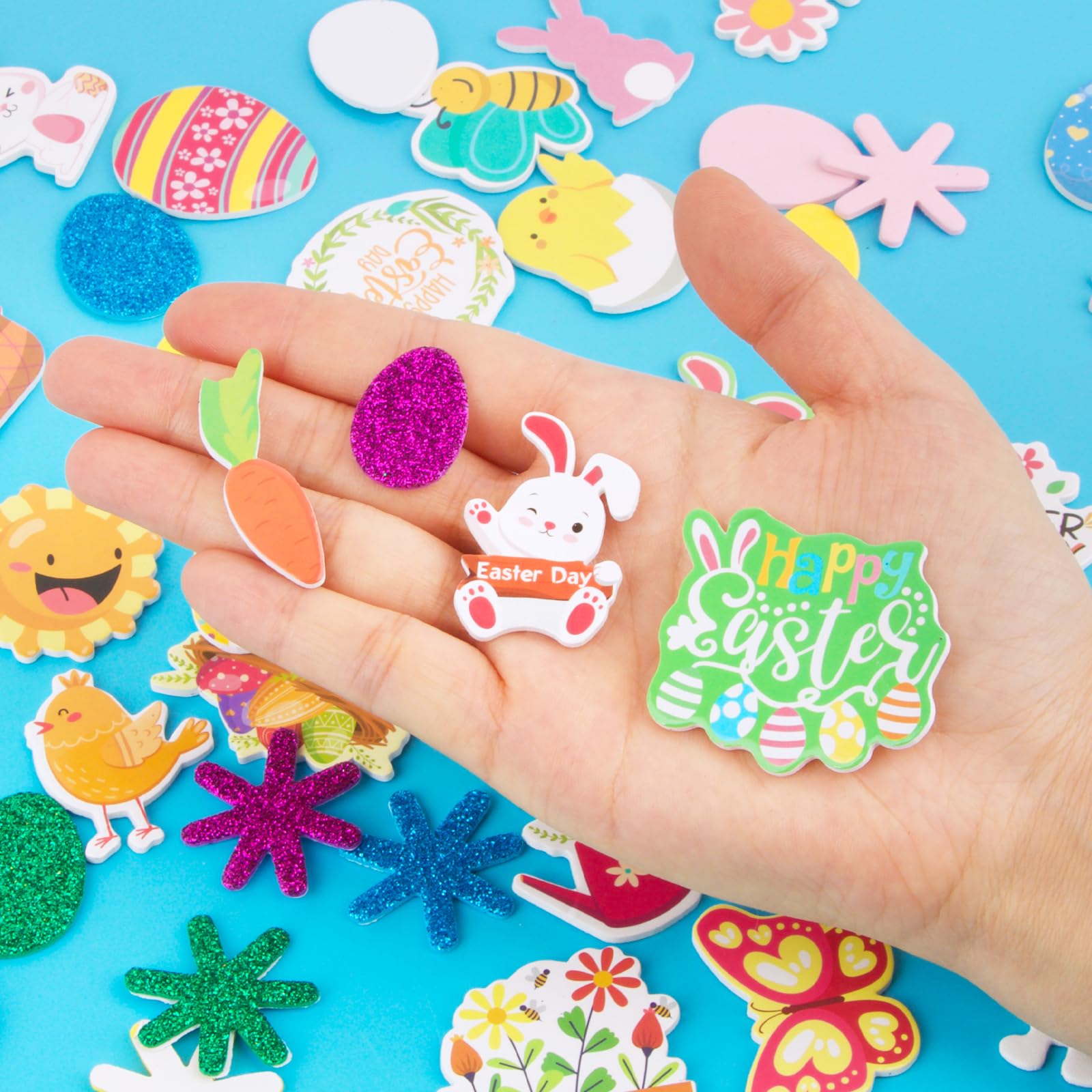 BETESSIN 286Pcs Pasen Foam Stickers Glitter Zelfklevende Stickers Eieren Konijn Wortel Vrolijk Pasen Voor Pasen Party DIY Ambachten Levert Kaart Maken Gift Decoratie