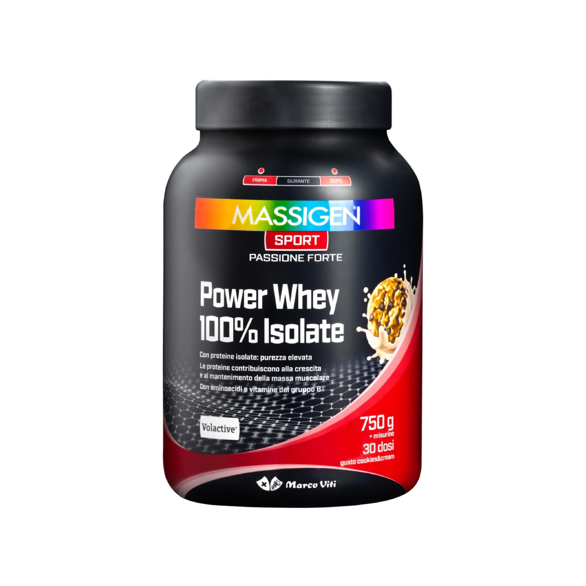 Mass Sport Power Whey 100% Isolate Cookies, 750 g, Integratore Proteico con Proteine del Siero del Latte Isolate, Ricco di Aminoacidi, 25 Dosi, Senza Glutine