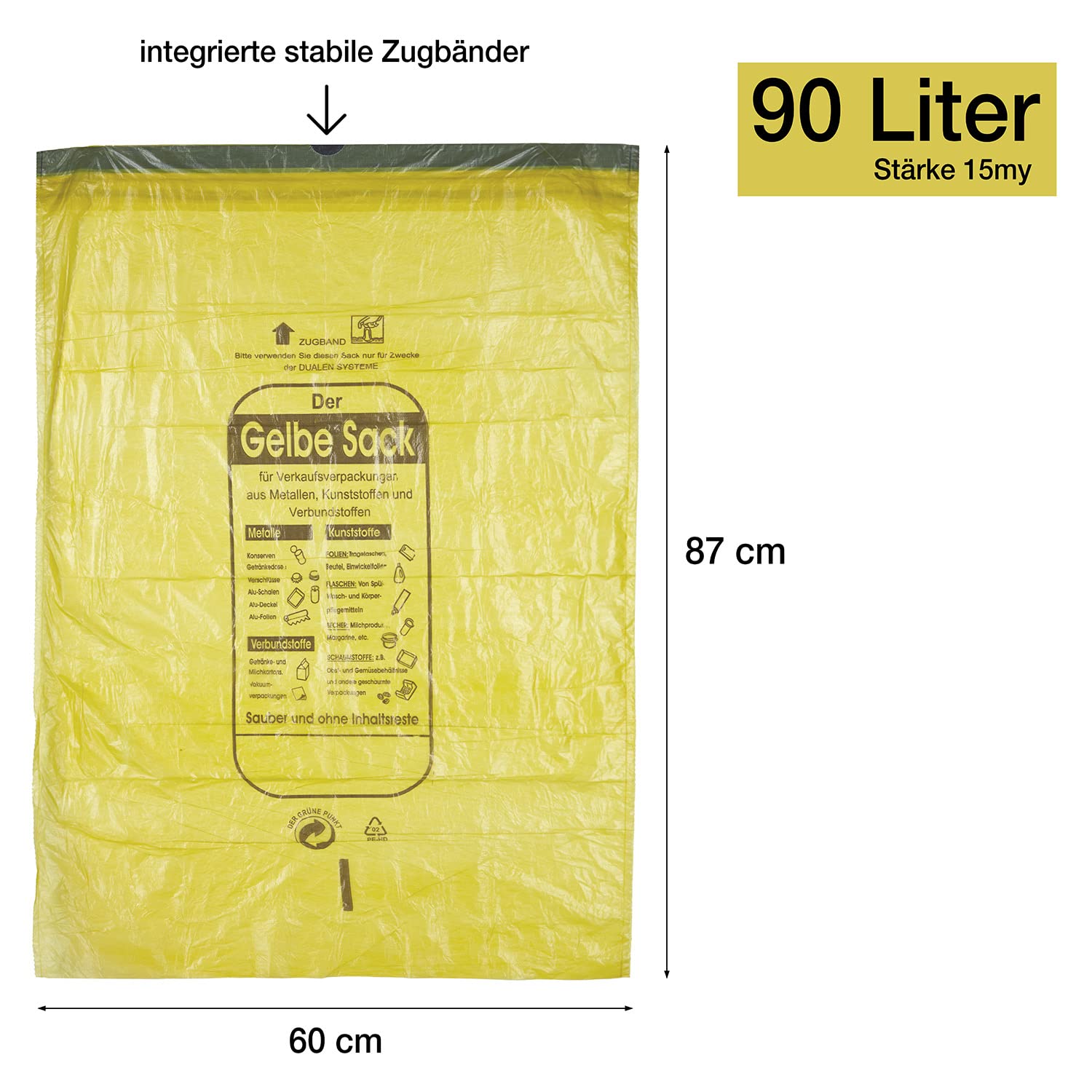 BigDean 10 Rollen Gelber Sack, Gelbe Säcke 90 Liter HDPE Gelb 13 Stück pro Rolle, insgesamt 130 Stück - ca. 60x87 cm plus 5 cm Umschlag 15my - Ideal für Mülltonnen, Mülleimer und Körbe