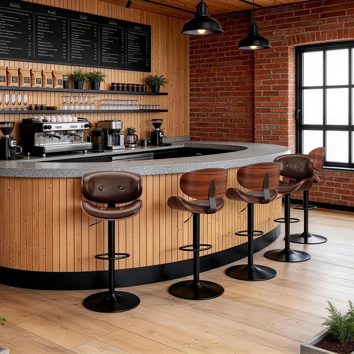 Adjustable Swivel Bar Stools Chair,Counter Height Bar Stools with Back,350 LBS PU Leather Bar Stool for Kitchen Island,Upholstered Pub Stools with Footrest (Brown, Set of 5)