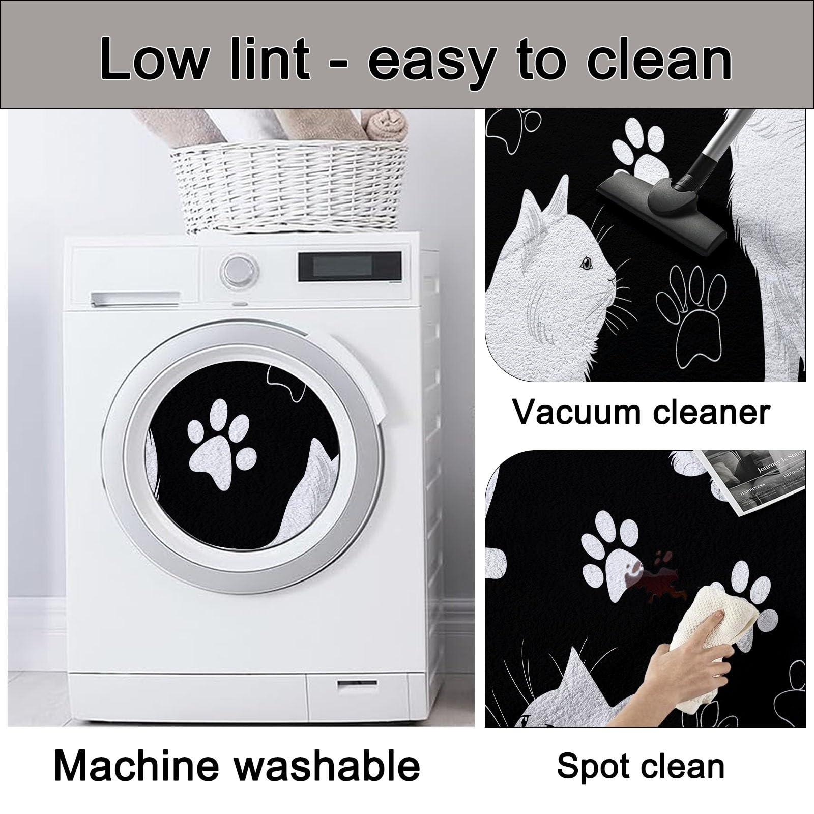 Schwarzweiß Runder Teppiche Wohnzimmer 100 cm, Waschbar & Rutschfester Kurzflor Teppich Schlafzimme, Minimalistisch Pfotenabdruck Niedlich Tiere Katze Teppich Rund für Kinderzimmer, Esszimmer, Büro