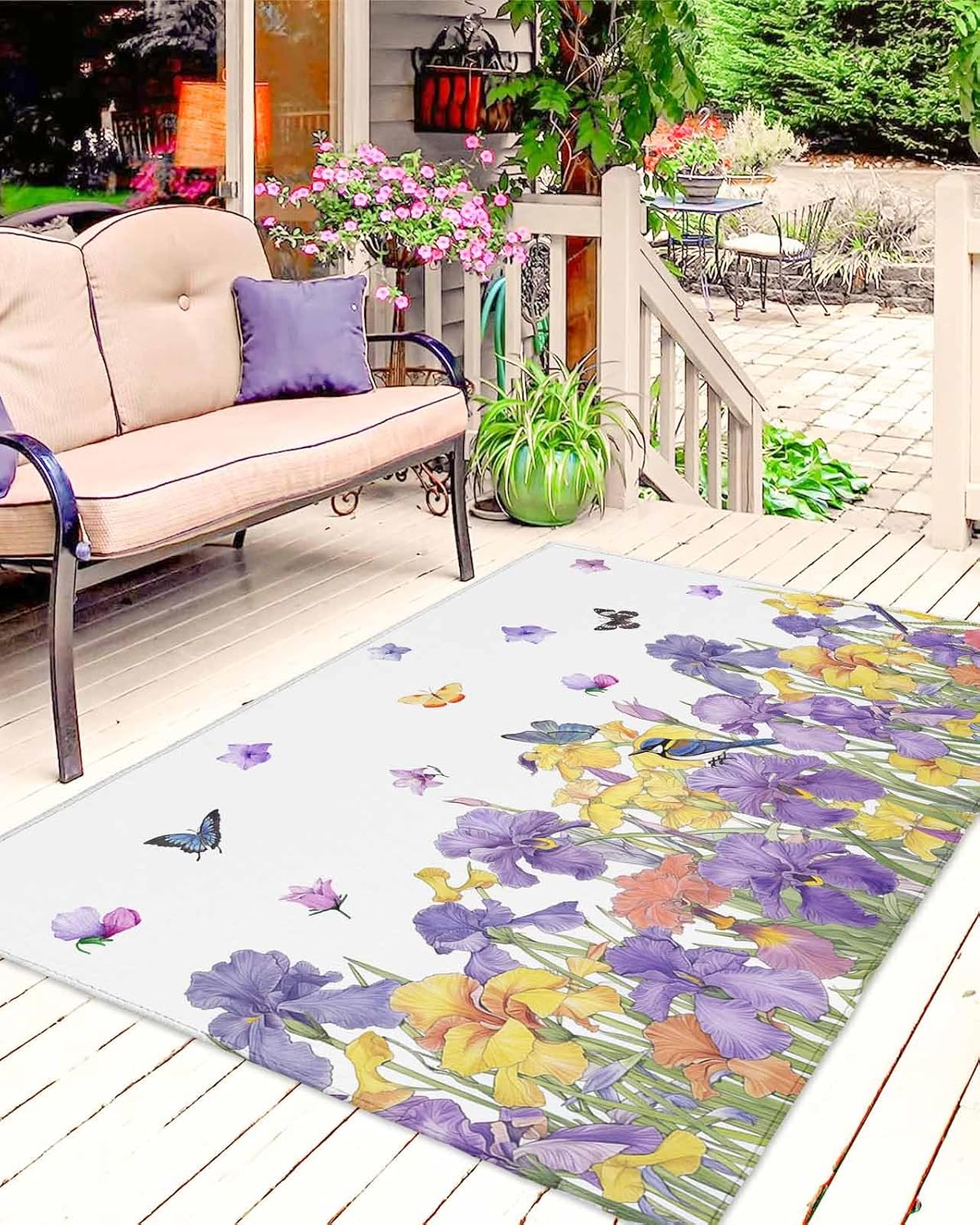 Outdoor Rug 4x6 ft Bird Iris Flower Floral Outdoor Large Area Rug Non Slip Butterfly Branch Leaves Front Door Mat RV Rug Camping Carpet Patio Outdoor Rugs for Backyard Balcony Deck Porch Indoor