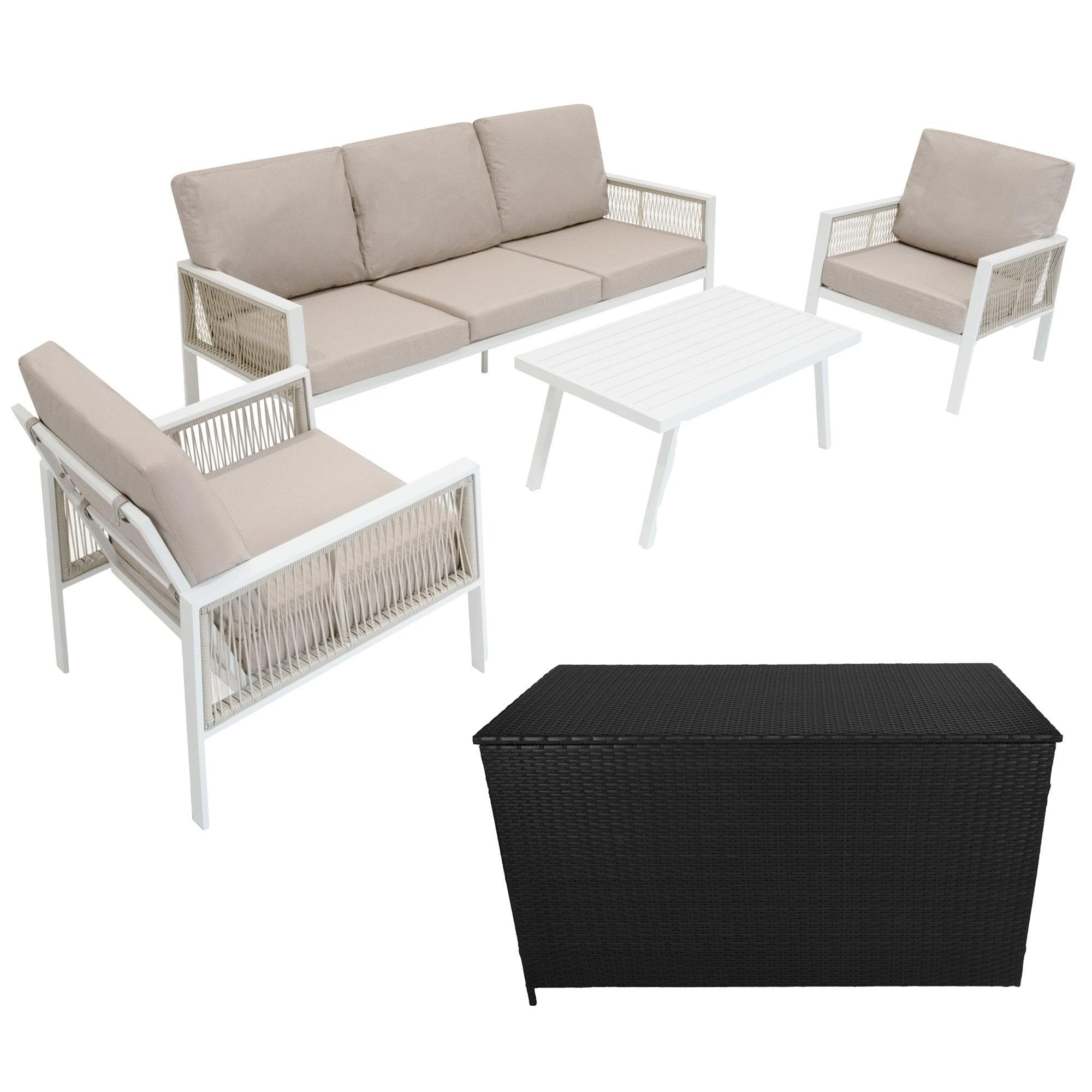 Set Mobili da Giardino 4 Pz in Alluminio Bianco con Cassapanca 582L in Rattan Nera da Esterno – Divano 3 Posti, 2 Poltrone, Tavolino, Cuscini, Copertura Impermeabile, Borsa Inclusa