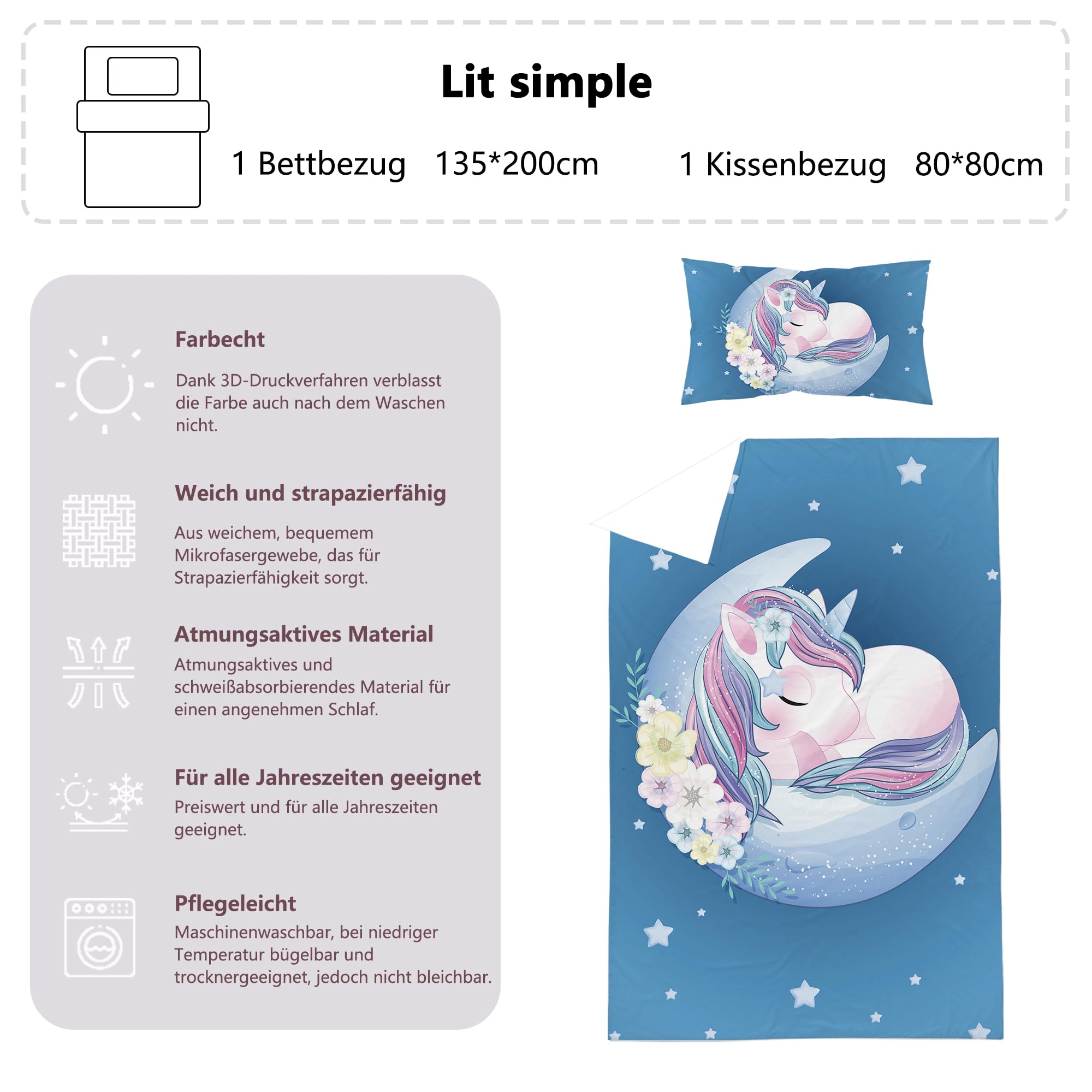 Copripiumino Singolo Bambina 135x200cm, Blu Arcobaleno Unicorno Motivo Microfibra Biancheria da letto - Copripiumino 135x200 e 1 Federa 50X75cm