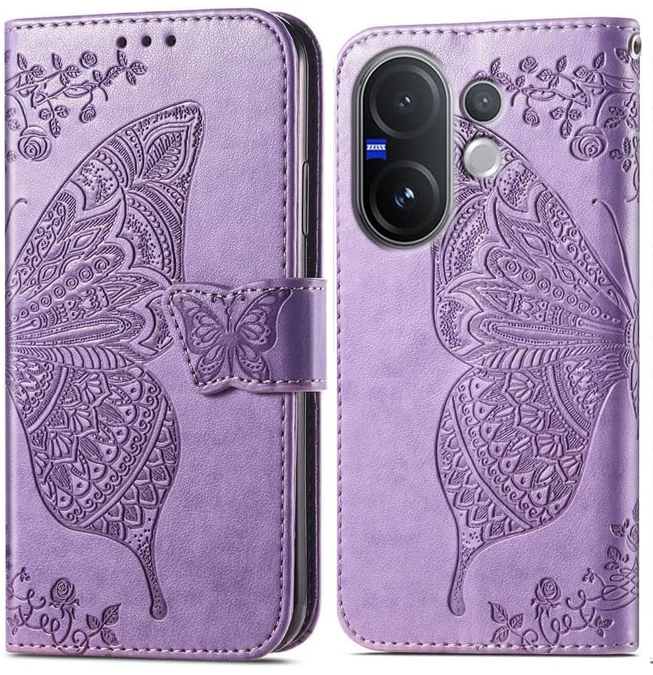 Image of ClickCase Butterfly Series for vivo V60e 5G Leather Embossing Wallet Flip Case Kick Stand Magnetic Closure Flip Cover for vivo V60e 5G (Purple)
