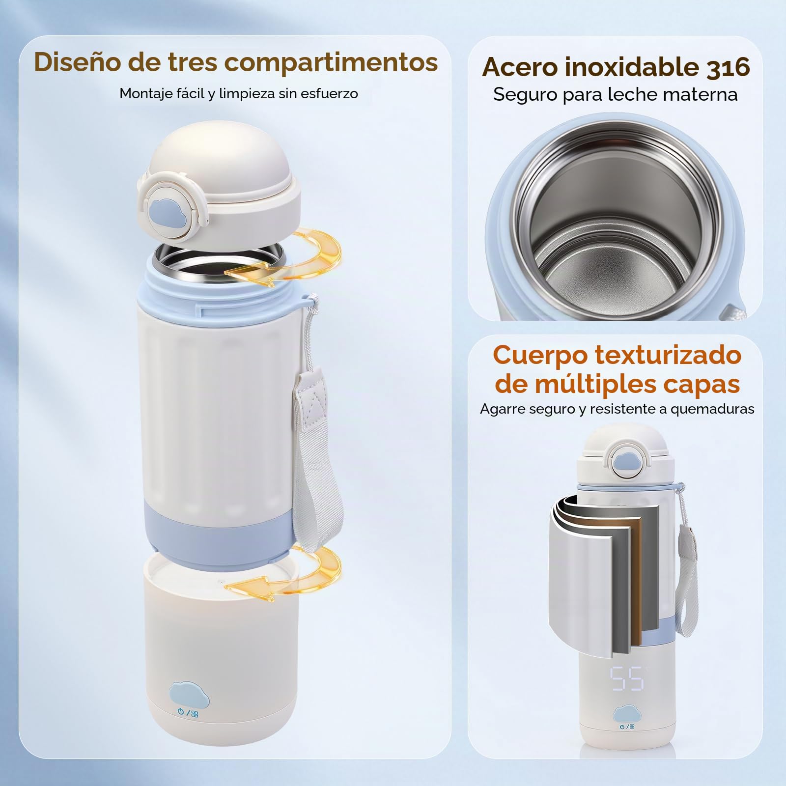 Calienta Biberones Portátil 13500mAh, 5 Temp, Acero 316, Pantalla Calentador de botellas de viaje | Sin BPA, mantiene calor, antiderrames, calentamiento 360°, fácil limpieza, apagado automático, 24-30h, USB-C, viaje/coche