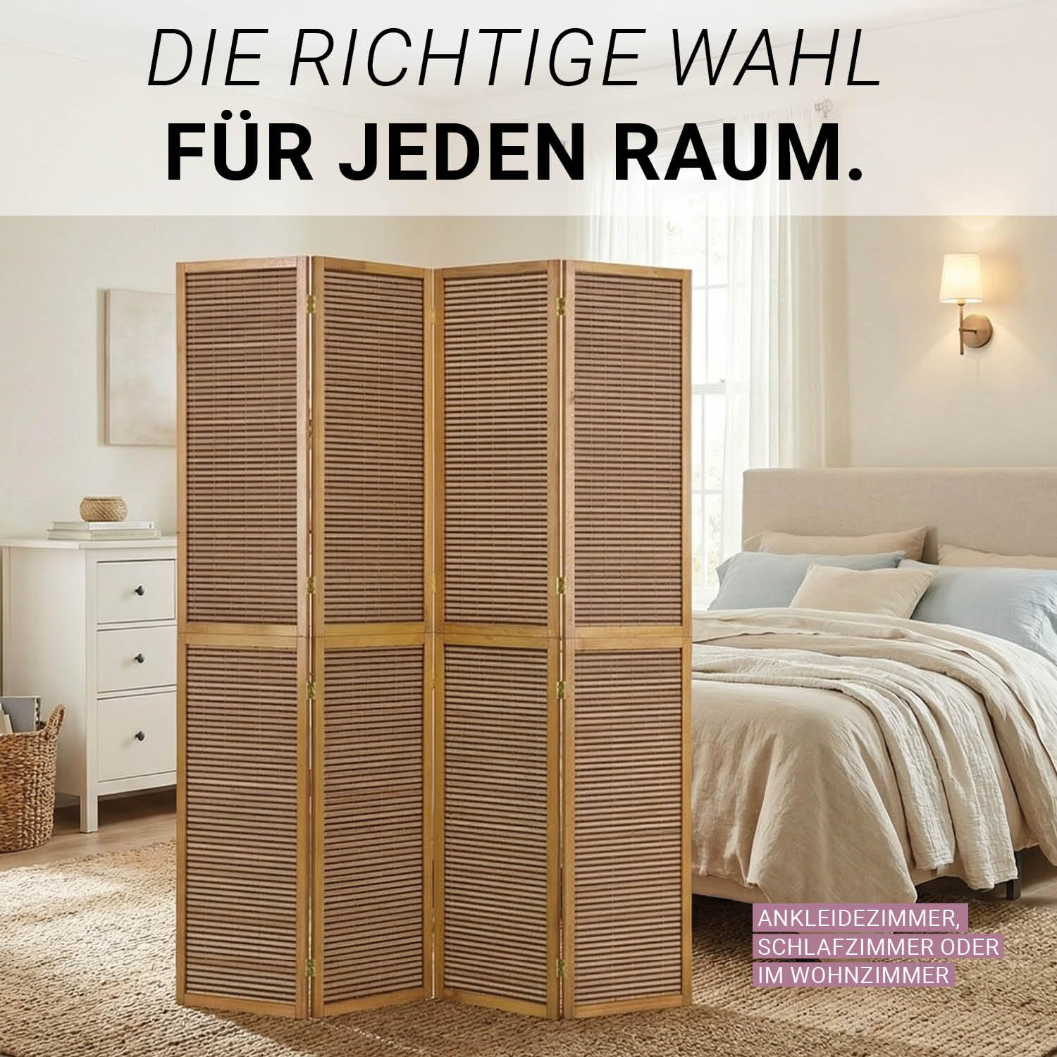 Homestyle4u Paravent 4-teilig XL 2m Höhe Bambus Raumteiler Holz Braun | XL Sichtschutz Trennwand für Wohnzimmer & Schlafzimmer Faltbar Freistehende Spanische Wand aus Bambusholz 120 x 200 cm