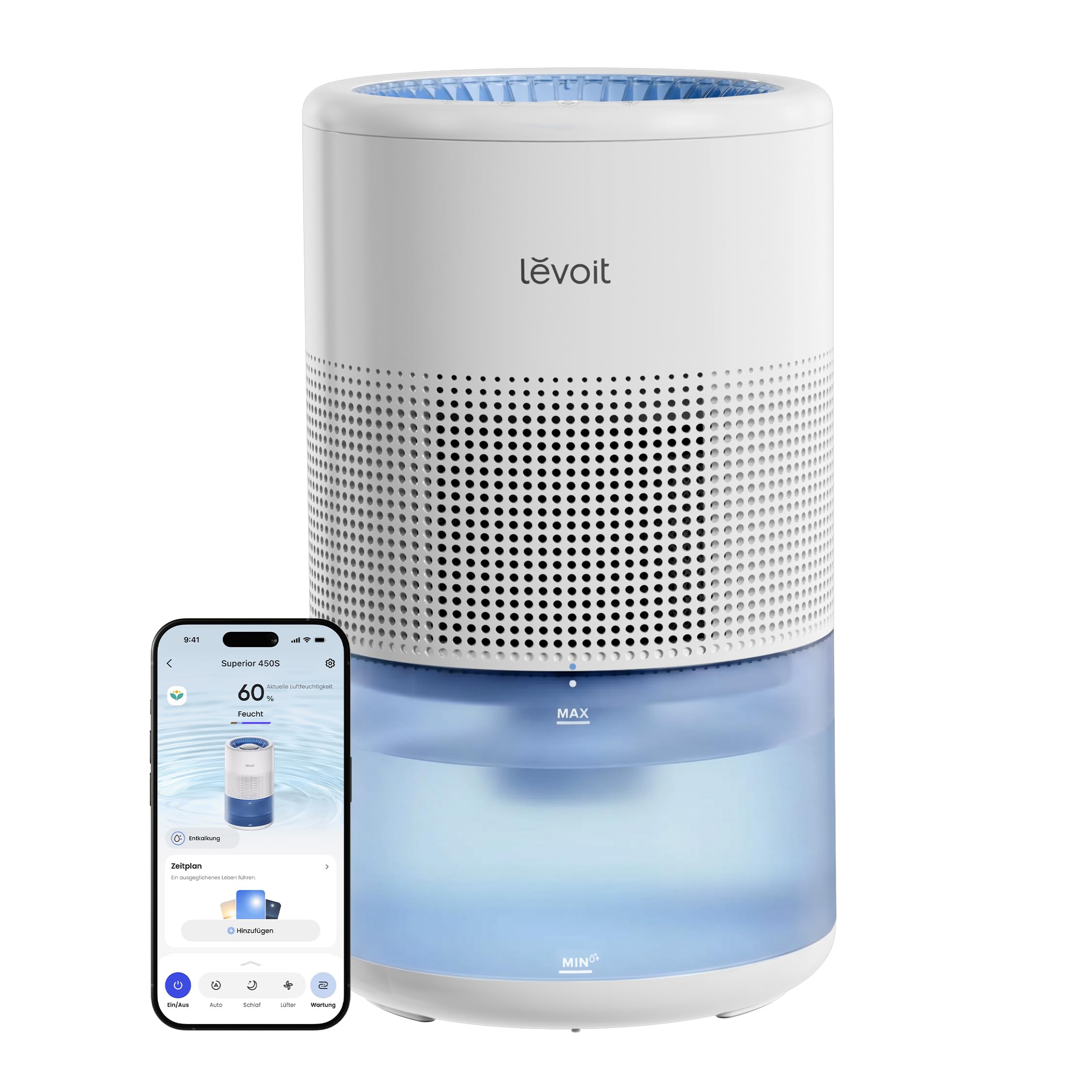 Levoit Smart Luftbefeuchter, ab 19 dB Verdunster, kein weißer Staub, 4,5L | bis 55,7 m² für Schlafzimmer&Große Räume, Selbstreinigung und Spülmaschinenfest, Schimmelresistente & Langlebiger Filter