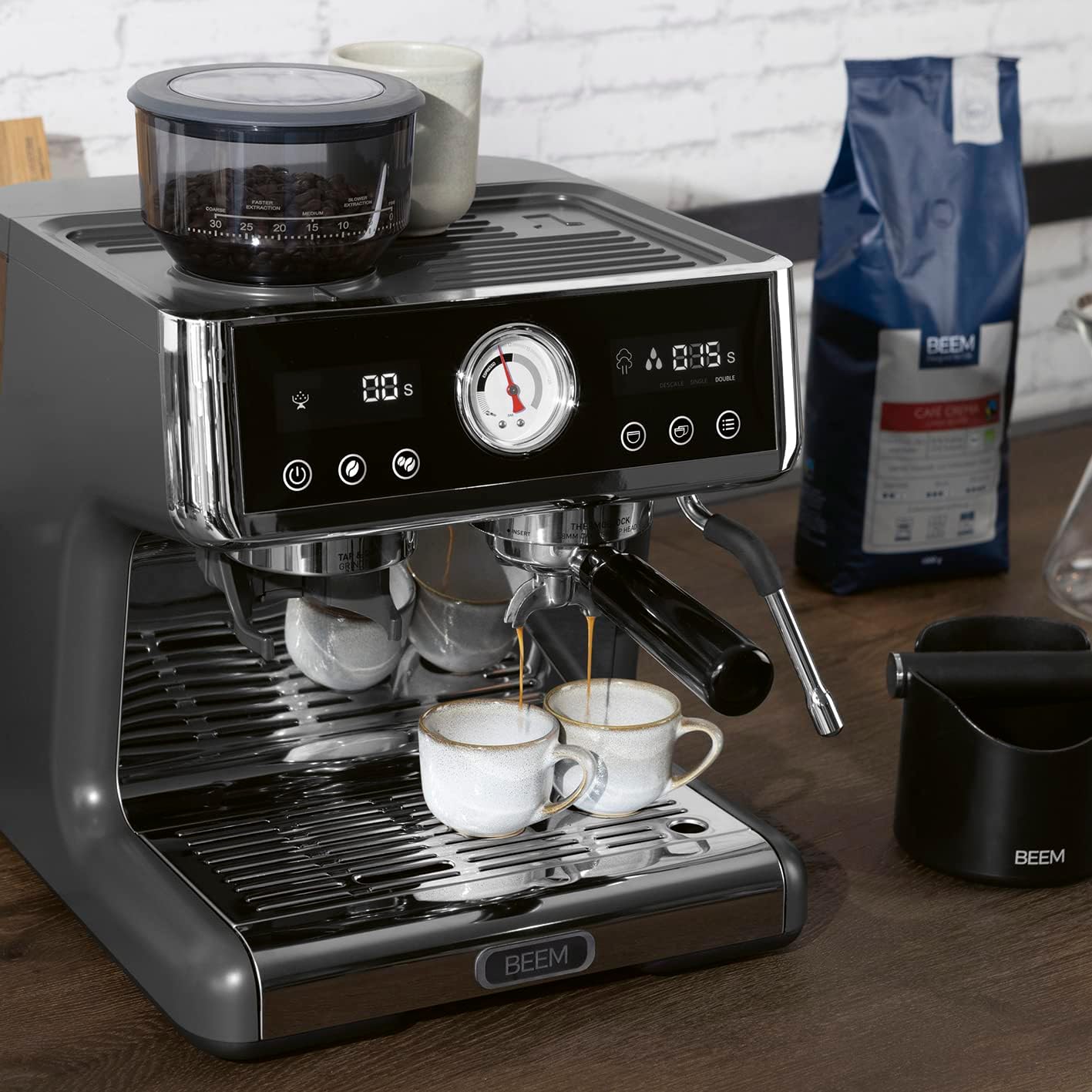 BEEM ESPRESSO-GRIND-EXPERT - Macchina per caffè espresso con macinino | 2 blocchi termici per la preparazione simultanea di espresso e microlatte | con indicatore di estrazione e pasto