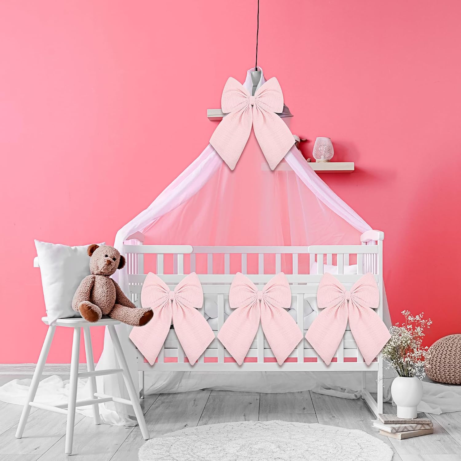 Riceshoot 4 Pcs Large Crib Bows 11 x 16 inch Coquette Bow Decorations for Nursery Crib Canopy Bed Large Bow Room Nursery Decor Infant Bassinet Bedroom Decor for Gender Reveal Gifts (Pink)