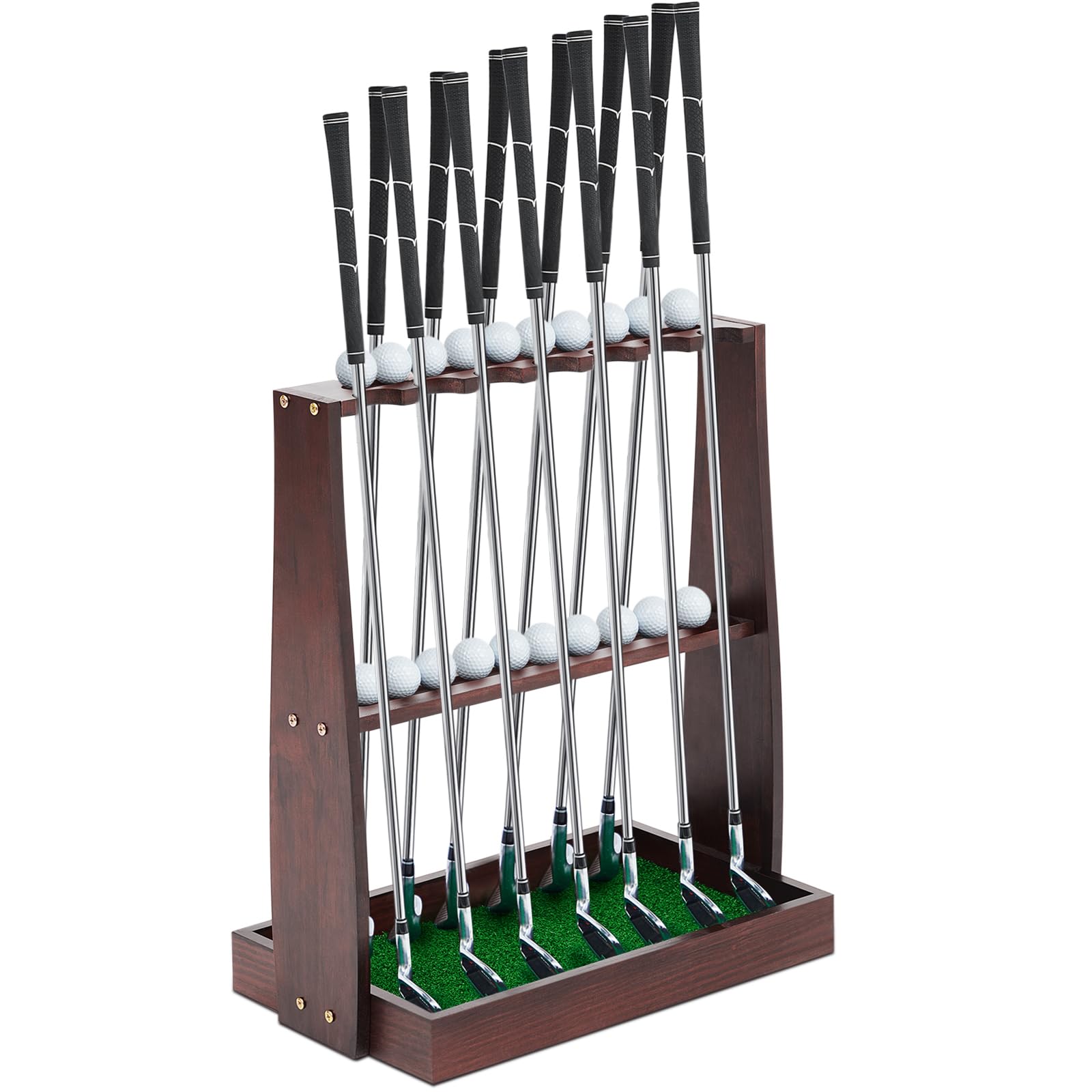 lenwen golf club rack wooden golf putter stand holder indoor display rack holds 13 clubs and 20 golf balls for club home golf simulators, brown