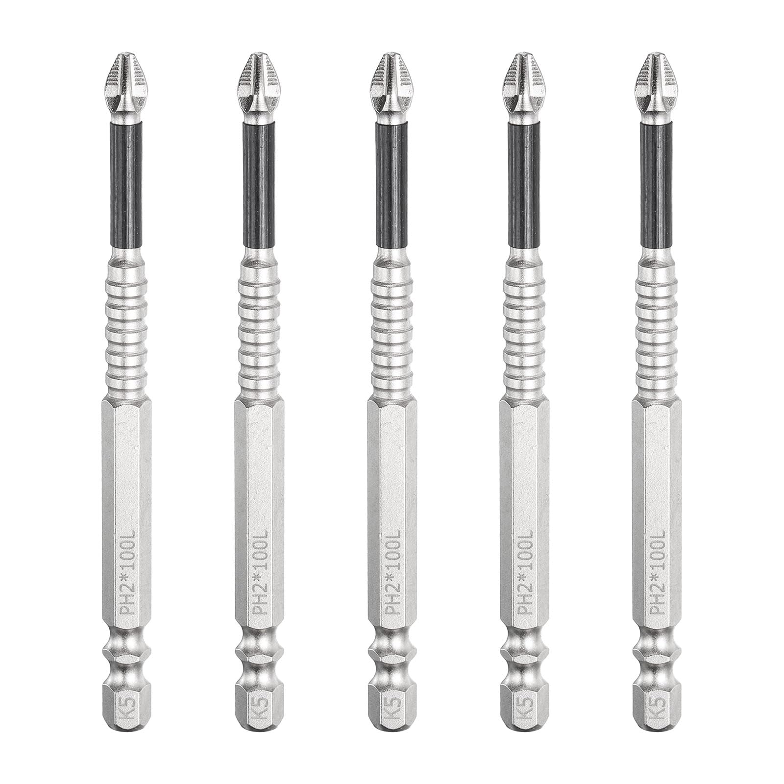 sourcing map 5pcs Impact Phillips Screwdriver Bit PH2 (#2) Anti Slip Tip 1/4" Hex Shank 4" (100mm) Long Magnetic Cross Screw Driver Industrial Power Drill Bits — image 1